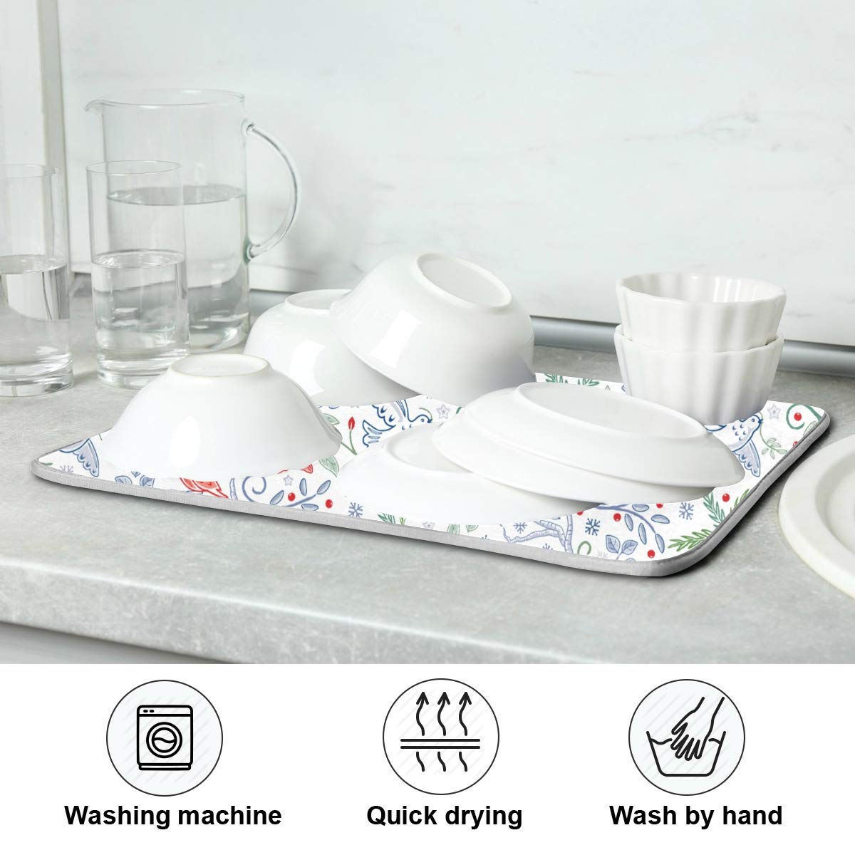 Reversible Microfiber Dish Drainer Mat 16x18in - Floral Birds Kitchen Drying Mat for Sinks & Countertops