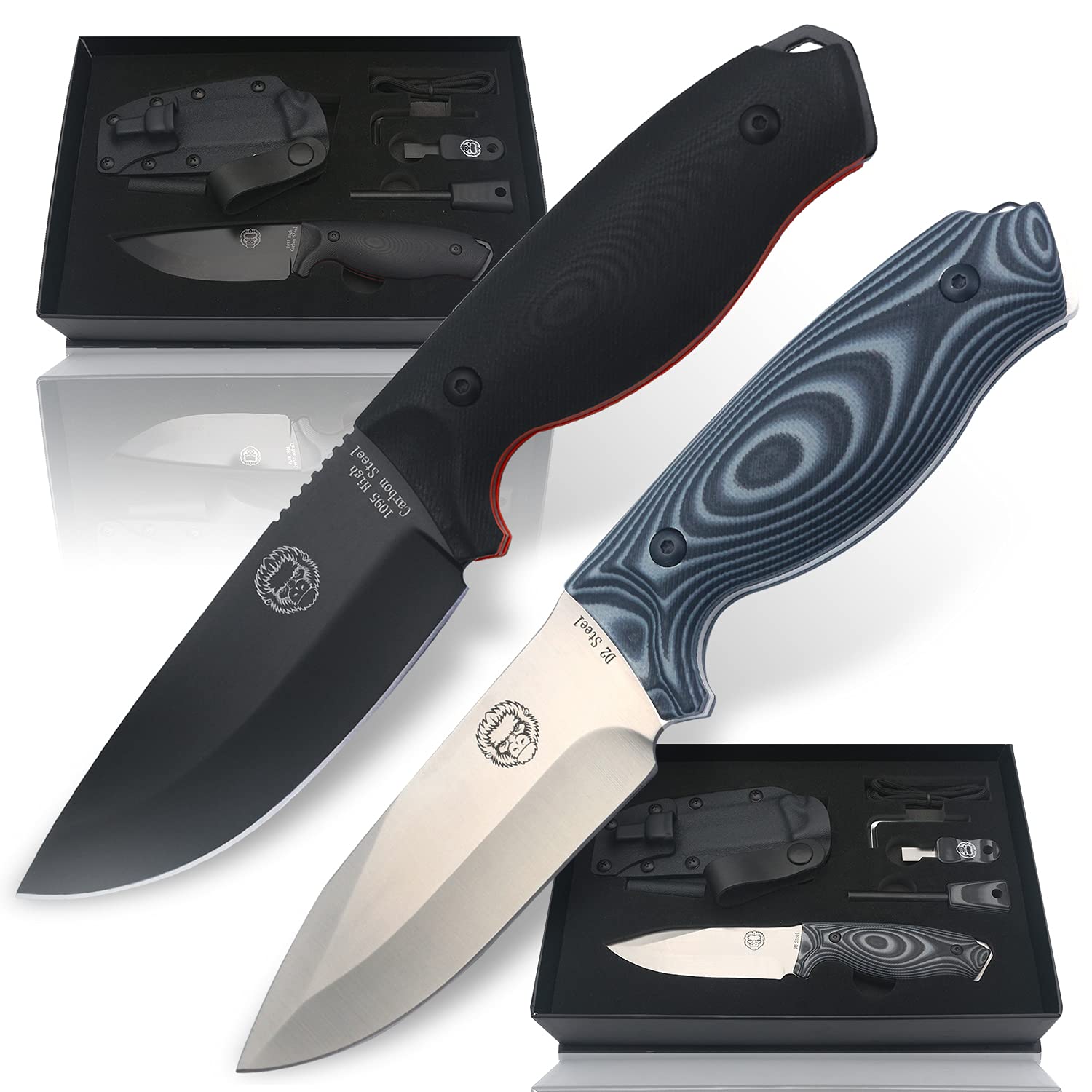 Premium 1095 High Carbon Steel Survival Knife & D2 Damascus Steel Knife Set - Outdoor Camping, Hunting, Bushcraft, and Emergency Preparedness Gear