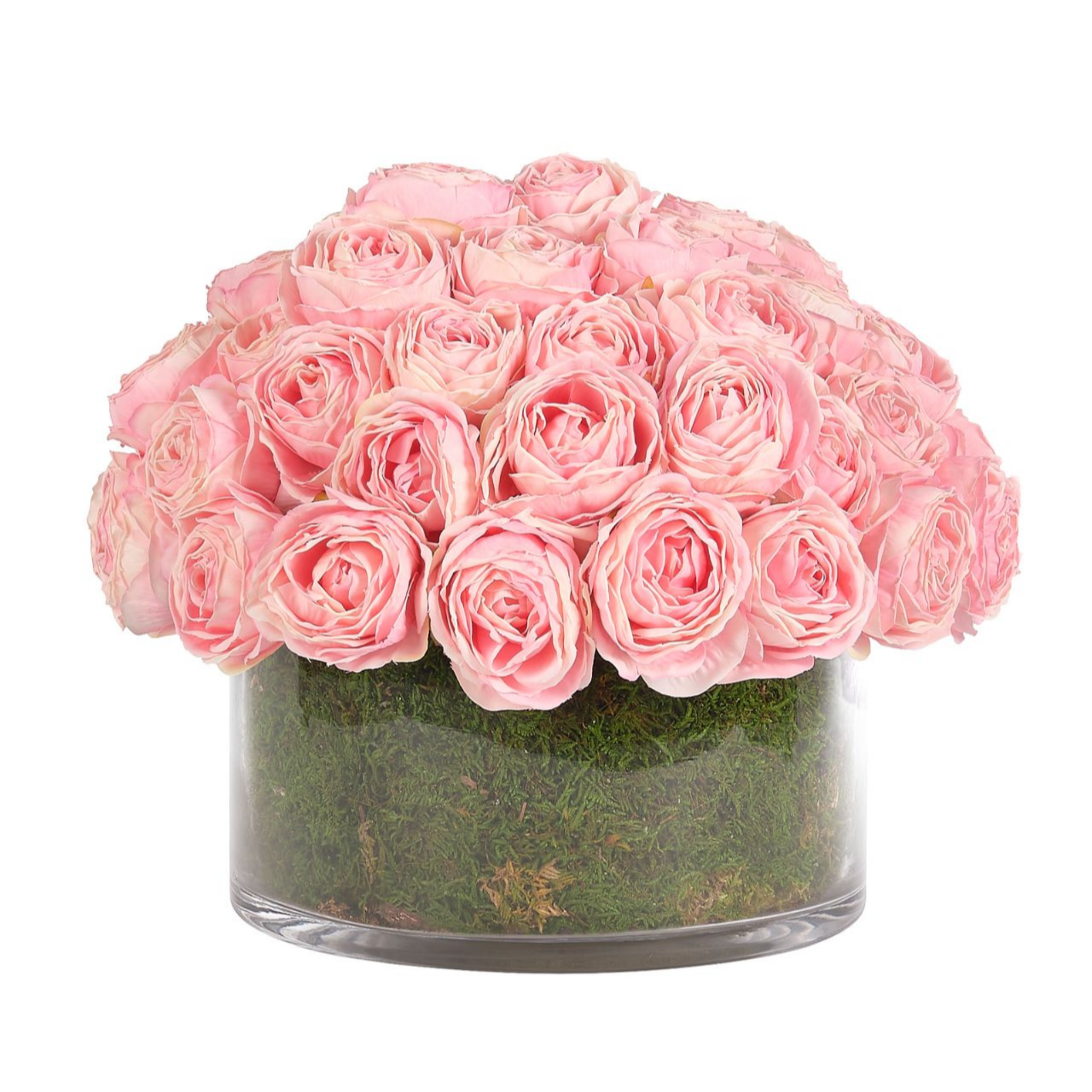 13 Artificial Pink Roses with Moss in Glass Bowl - Elegant Home Decor for Centerpieces, Weddings & Tabletop Displays
