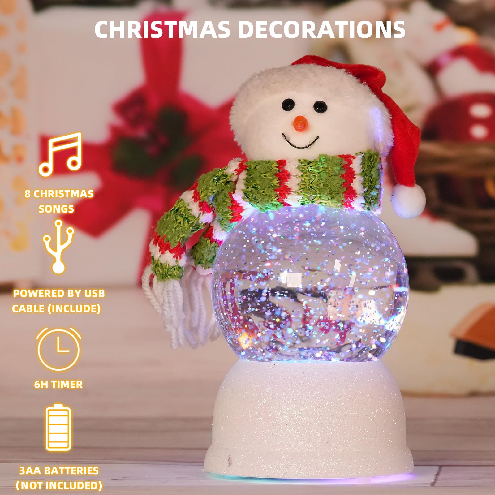 LED Musical Snow Globe Lantern with Timer - Acrylic Lighted Christmas Snowman Figurine with Swirling Glitter & Santa Hat | Indoor Holiday Decor for Christmas Tree, Mantel & Tabletop Displays