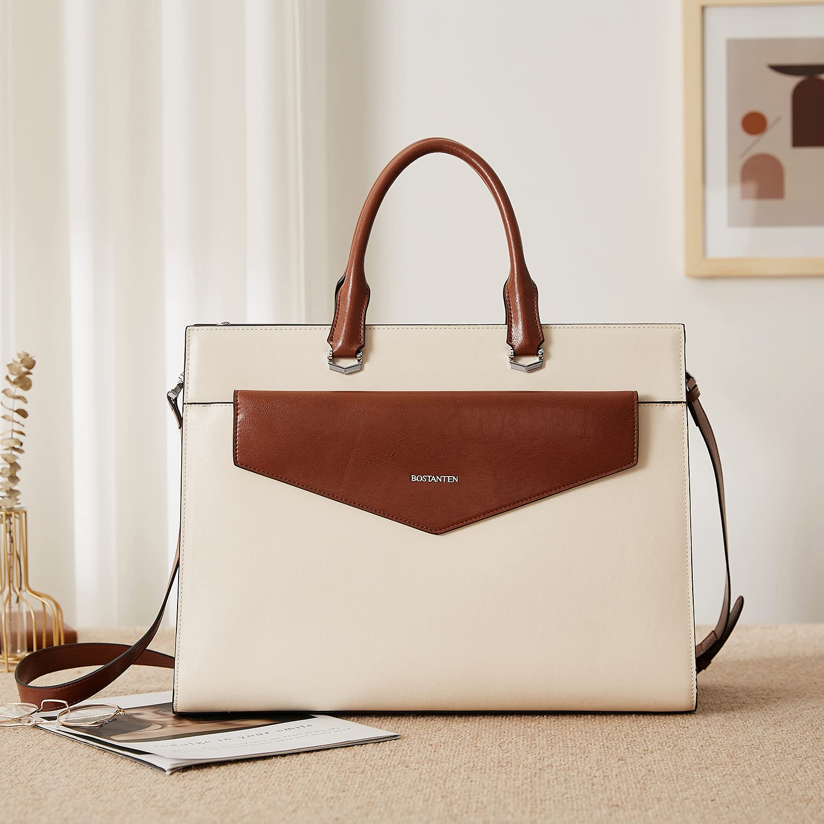 BOSTANTEN Women's Genuine Leather Laptop Tote Bag - 15.6 Inch Professional Work Briefcase Handbag in Beige - Perfect for Office, Business Travel & Daily Commute