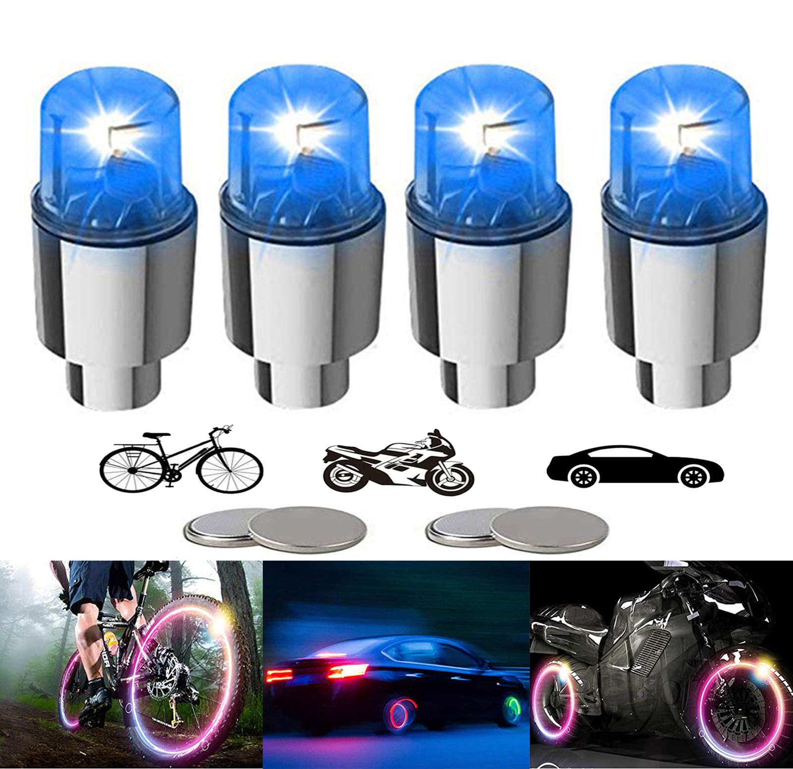 YUERR 4 Pack LED Bike Wheel Lights - Waterproof Tire Valve Stem Caps with 10 Extra Batteries, Blue Bicycle Motorcycle Spoke Flash Lights for Night Riding, Cycling Safety, Kids Adults Men Women