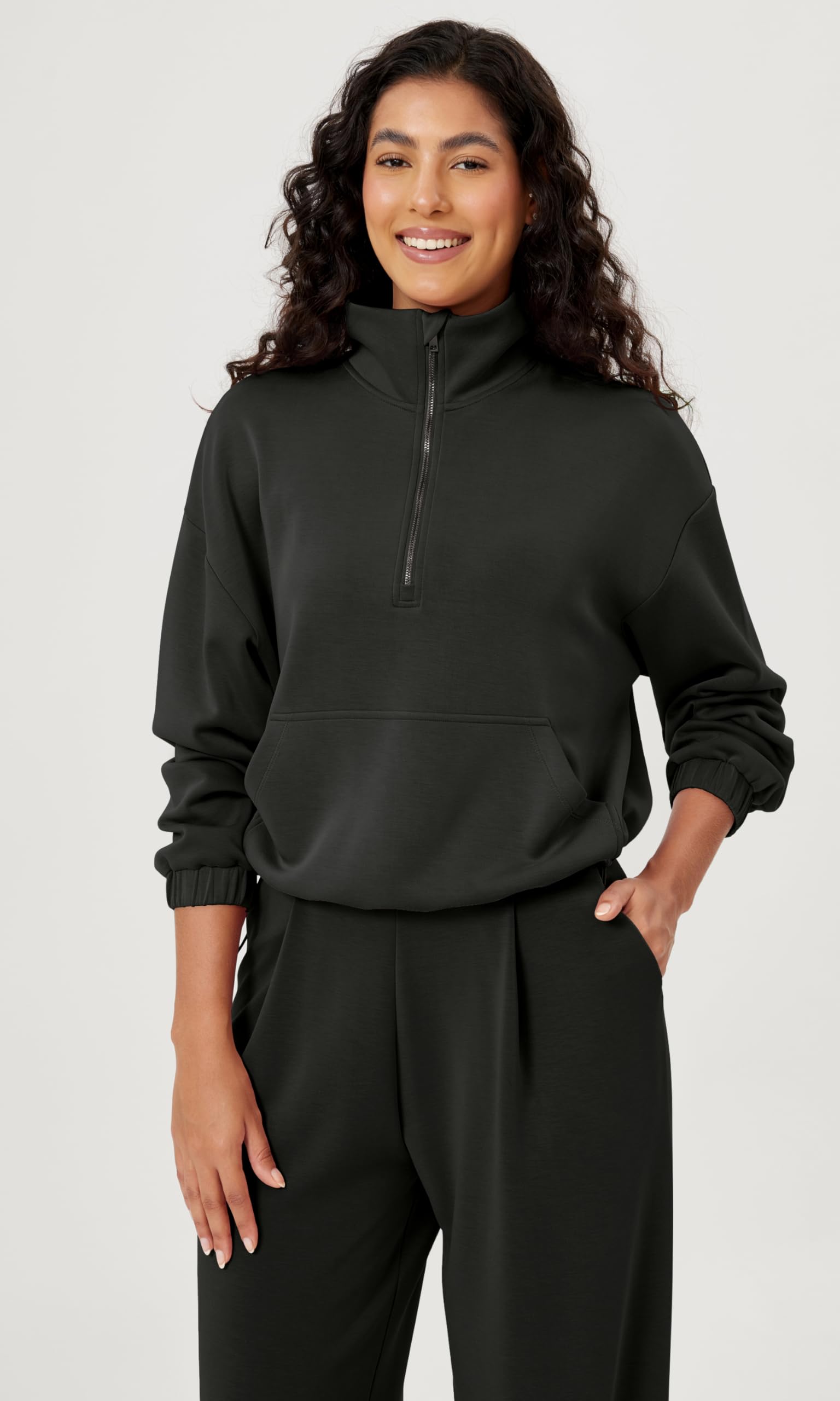 ODODOS Women's Modal Soft Cinchable Sweatshirt - Half Zip Funnel Neck Oversized Pullover with Pockets | Cozy Lounge Wear for Fall & Winter | Casual Outfit for Work, Travel & Home