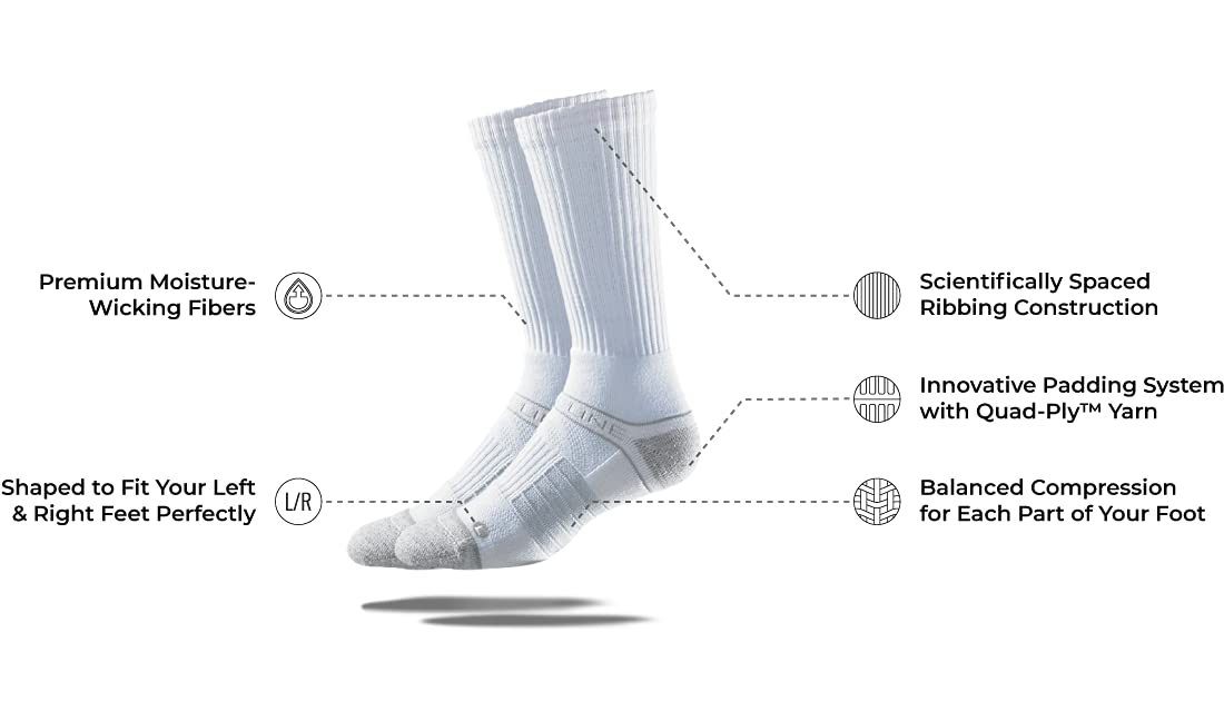 Strideline Basic Crew Socks 8-Pack - Quad-Ply Yarn Padding, Direct Compression & Zoned Cushioning for All-Day Comfort - Perfect for Running, Hiking, Gym & Everyday Wear