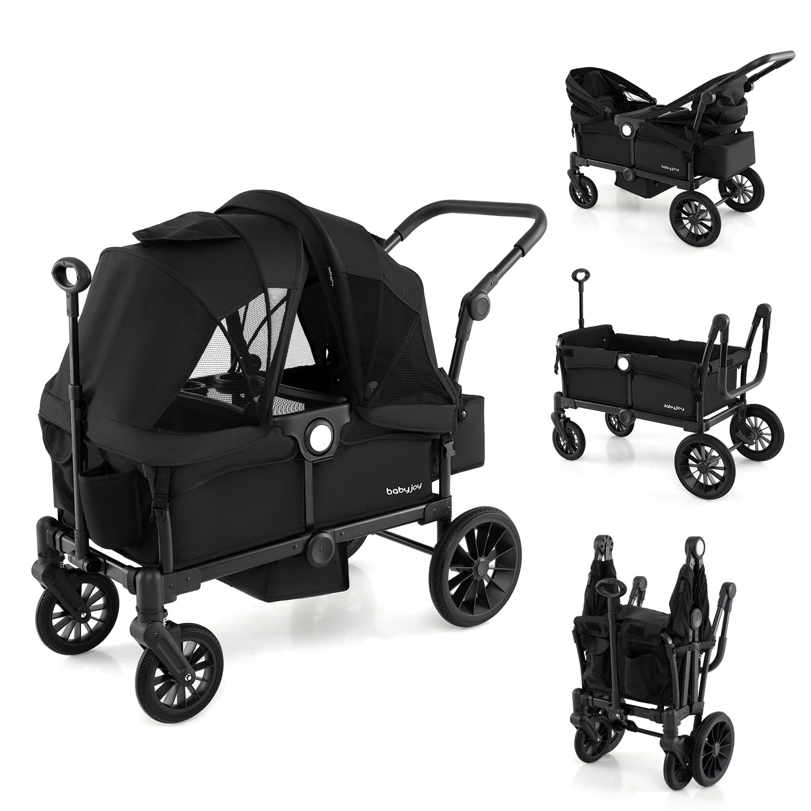 **BABY JOY Double Stroller Wagon for 2 Kids - Foldable Push Pull Wagon with Adjustable Handle, Removable Canopy, Safety Harness, Cup Holder & Snack Tray - Perfect for Outings, Beach, Park & Shopping (Black)**