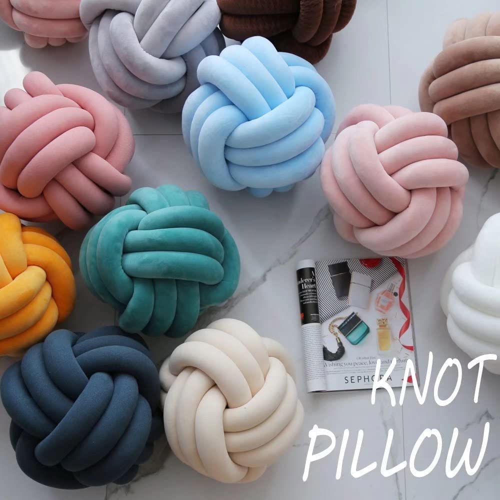 Soft Knot Ball Pillows - 8 Inch Round Throw Pillow Cushion, Light Blue Plush Home Decor, Handmade Knotted Pillow for Sofa, Bed, Nursery & Living Room Decor