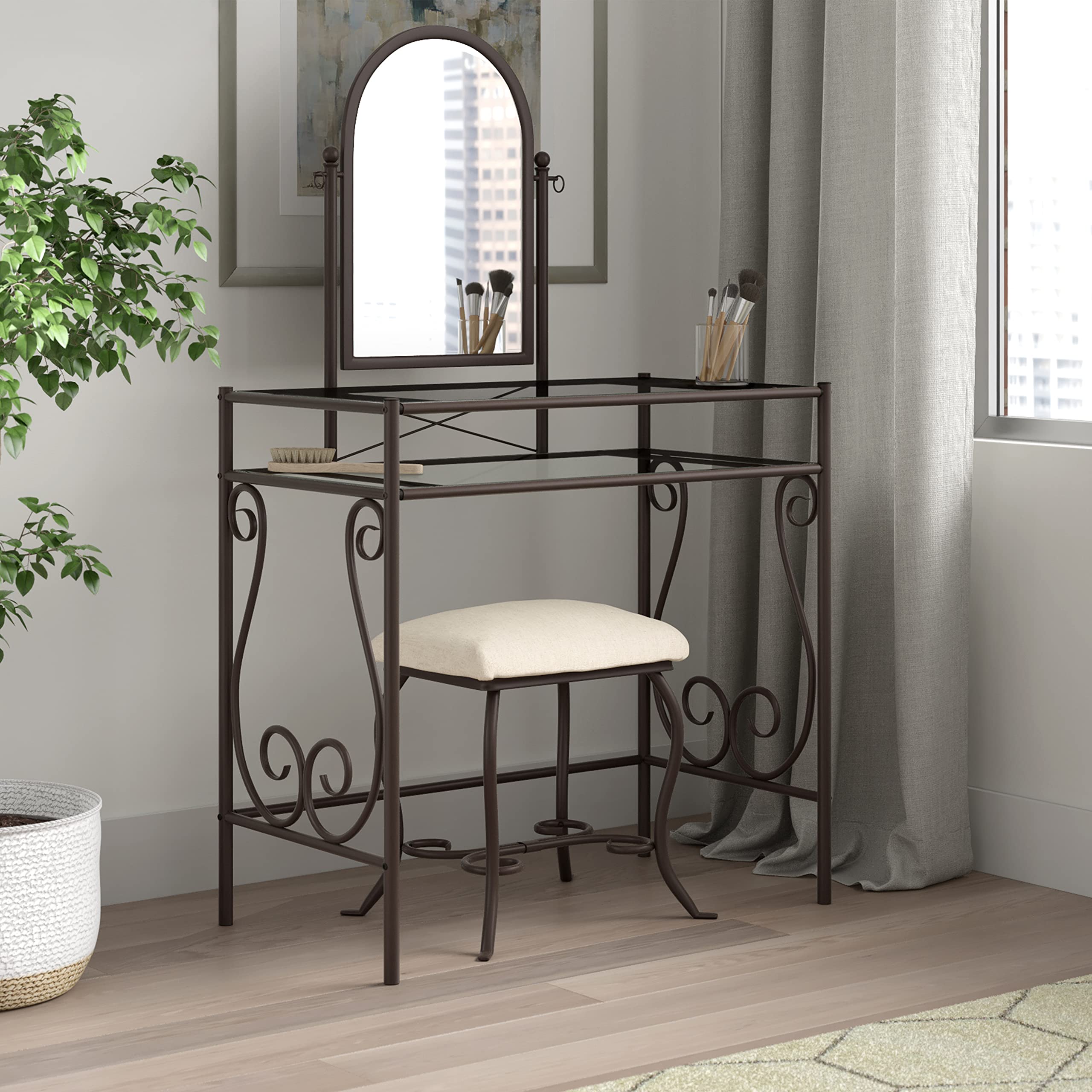Linon Clarisse Vanity Set - Dark Metal Dressing Table with Upholstered Stool, 52.4 x 31.8 x 18.3 Inches - Perfect for Bedroom Makeup & Jewelry Organization
