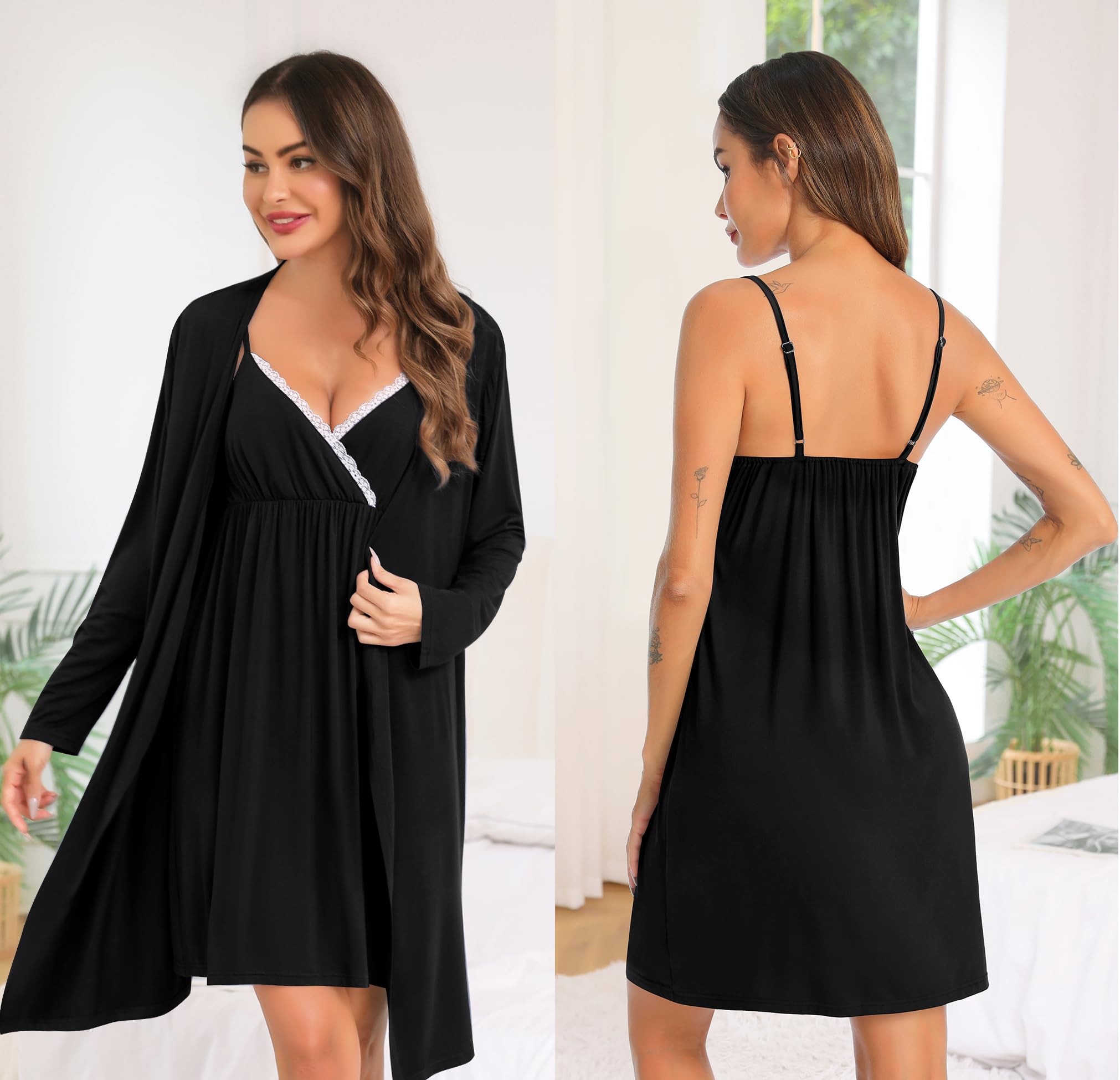 SWOMOG Women's Maternity Robe & Nursing Nightgown - 3 in 1 Breastfeeding Dress with Lace Trim, Labor Delivery Gown & Bathrobe for New Moms - Perfect for Hospital Stay, Nursing at Home and Relaxing