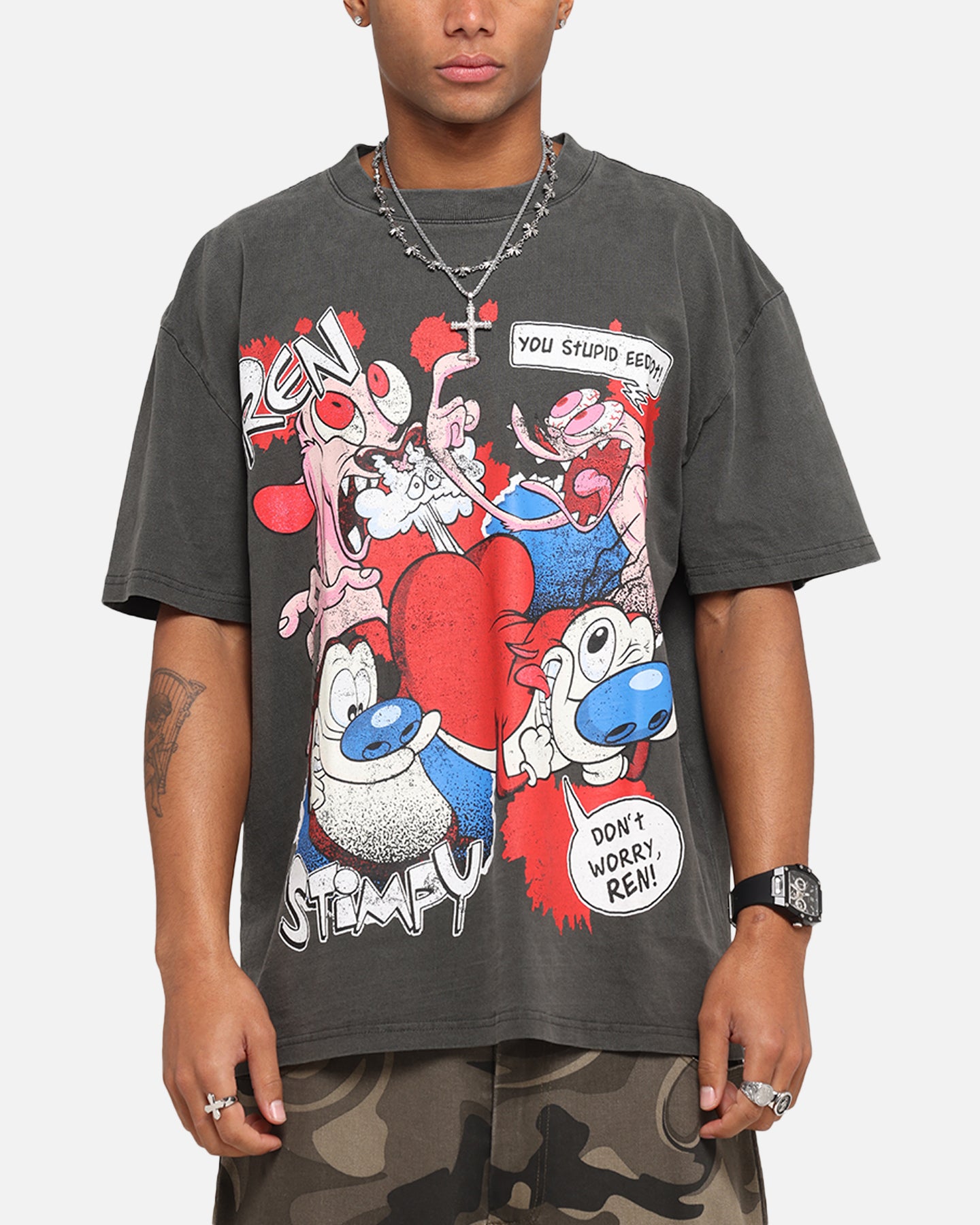Vintage Nickelodeon Ren & Stimpy Graphic T-Shirt - Black Distressed Wash - Retro Cartoon Tee for Men & Women - Perfect for Casual Wear, Cosplay & 90s Nostalgia Fans