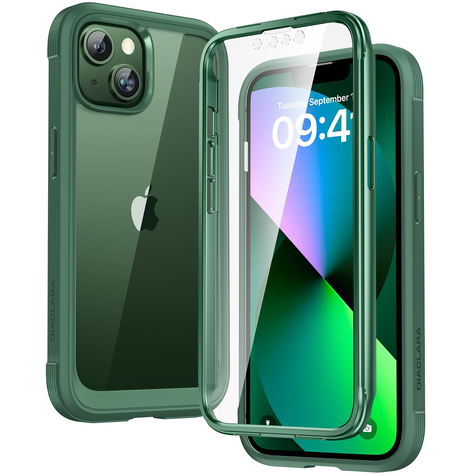 Diaclara iPhone 13 Case 6.1 Inch - Rugged 360 Full Body Protection with Built-in Screen Protector | Shockproof TPU Bumper Cover | Anti-Scratch & Drop Protection | Perfect for Outdoor, Travel & Daily Use (Green)