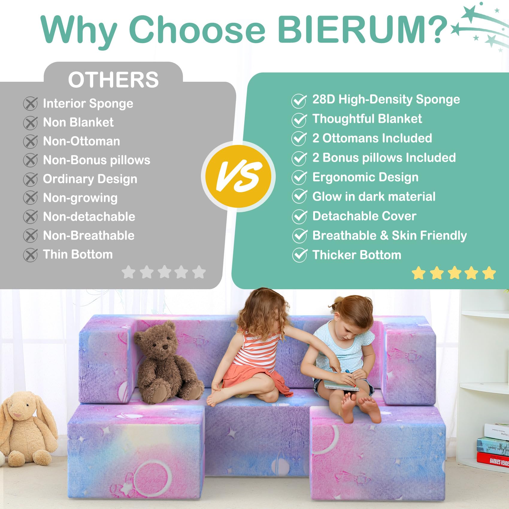 BIERUM Kids Couch - 6PCS Modular Play Sofa with Glow Effects & Blanket, Convertible Toddler Couch for Girls Boys - Perfect for Playroom, Nursery, Indoor Play & Family Movie Nights
