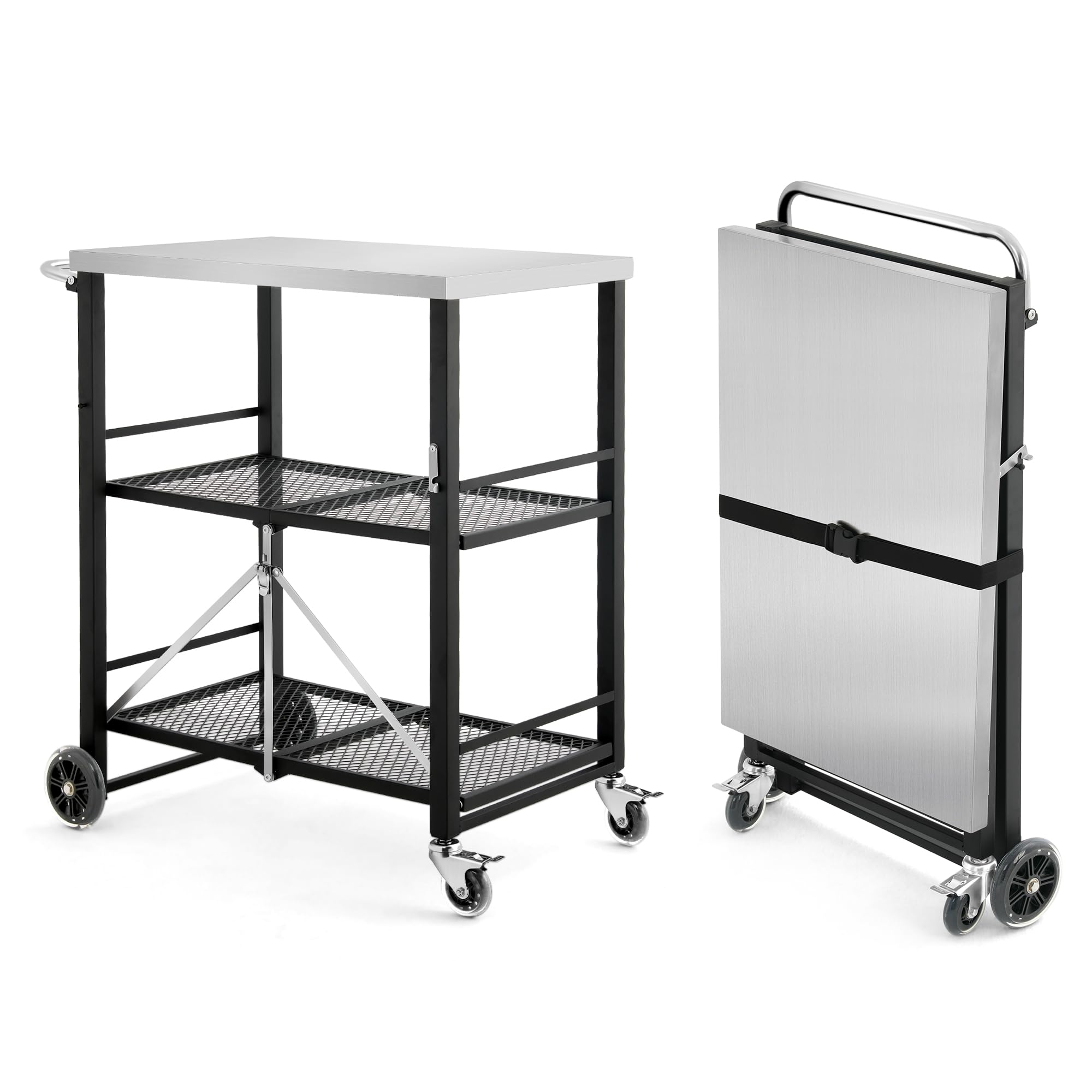 Foldable Outdoor Grill Cart with 2 Locking Casters - Stainless Steel BBQ Table & Pizza Oven Stand - 3-Shelf Folding Kitchen Island - Black | Perfect for Backyard Cooking, Camping & Outdoor Entertaining