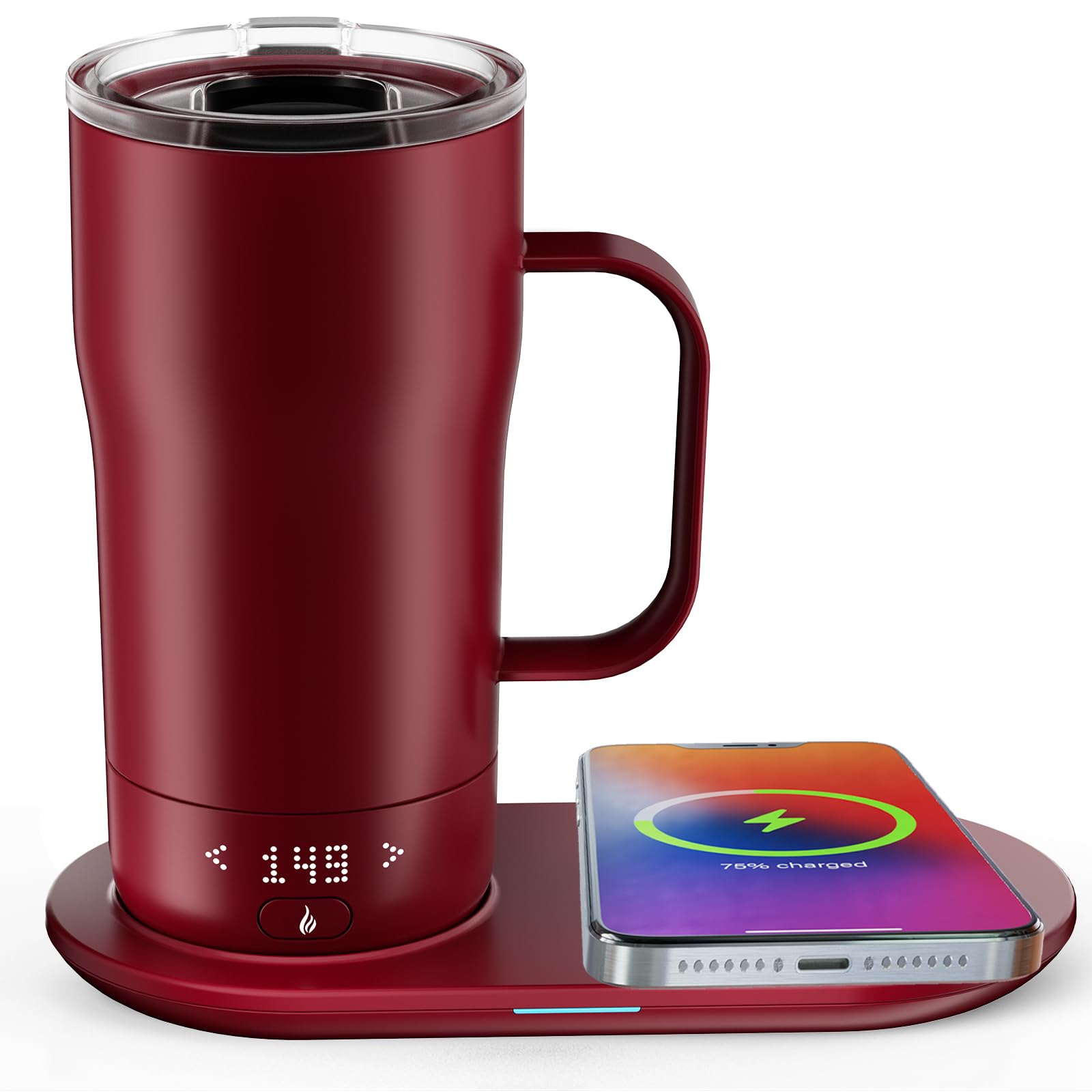 Smart Self Heating Coffee Mug 18 Oz - App Controlled Temperature Control Warmer Cup with LED Display & Fast Wireless Charger Base (5-10 Hours Heat Retention) - Perfect for Office, Travel, Commuting & Home Use - Rogue Red
