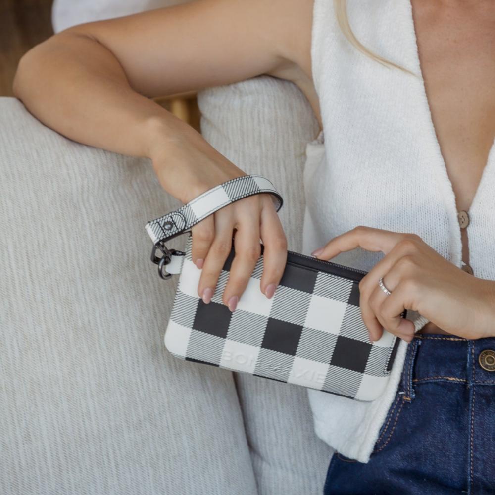 Premium Genuine Leather Phone Wallet Pouch - Slim RFID Blocking Card Holder for iPhone & Samsung - Black Gingham Pattern - Perfect for Travel, Work & Everyday Use