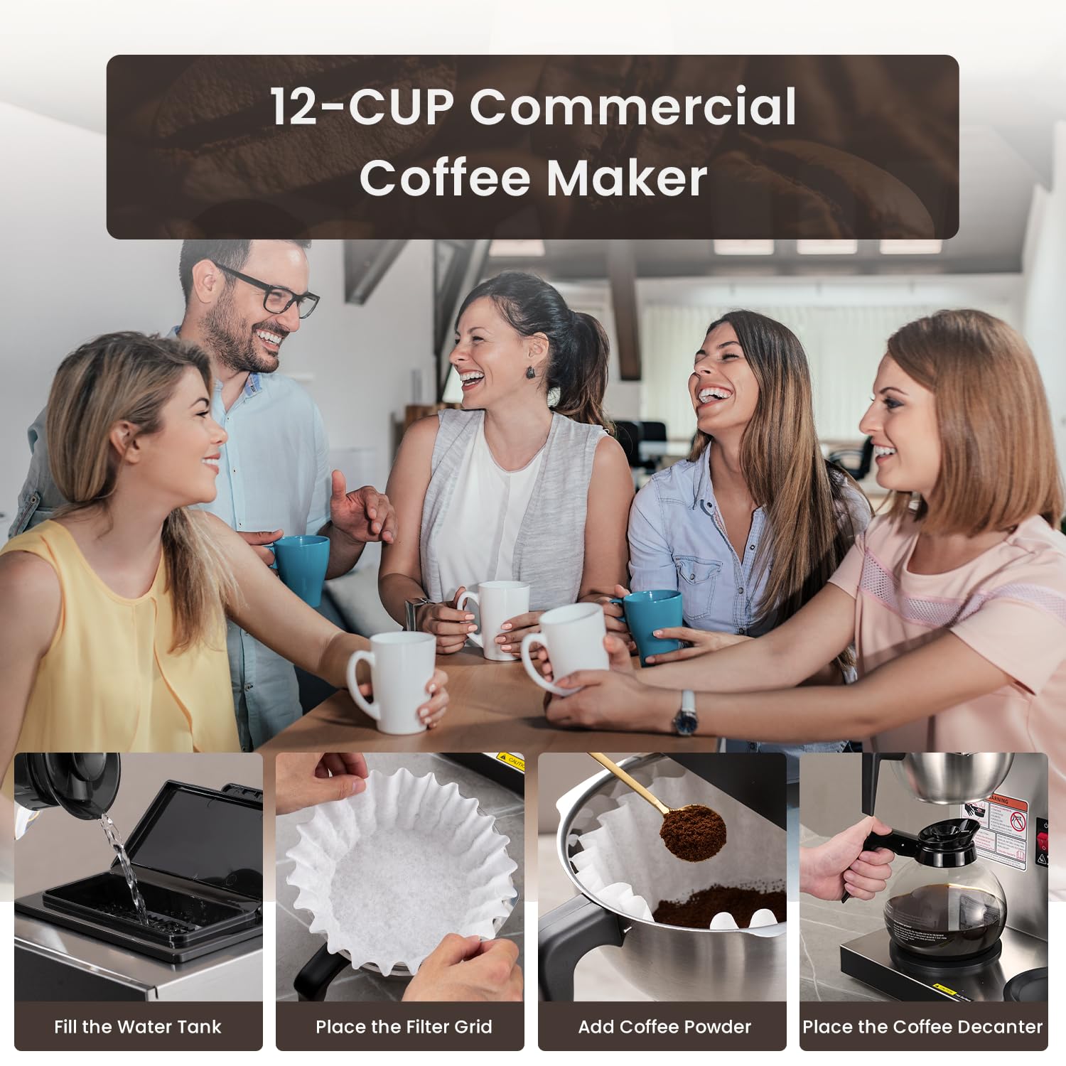 SYBO 12-Cup Commercial Coffee Maker - Stainless Steel Pour Over Drip Coffee Brewer with 3 Warming Plates & Glass Carafes | Perfect for Offices, Restaurants & Cafes