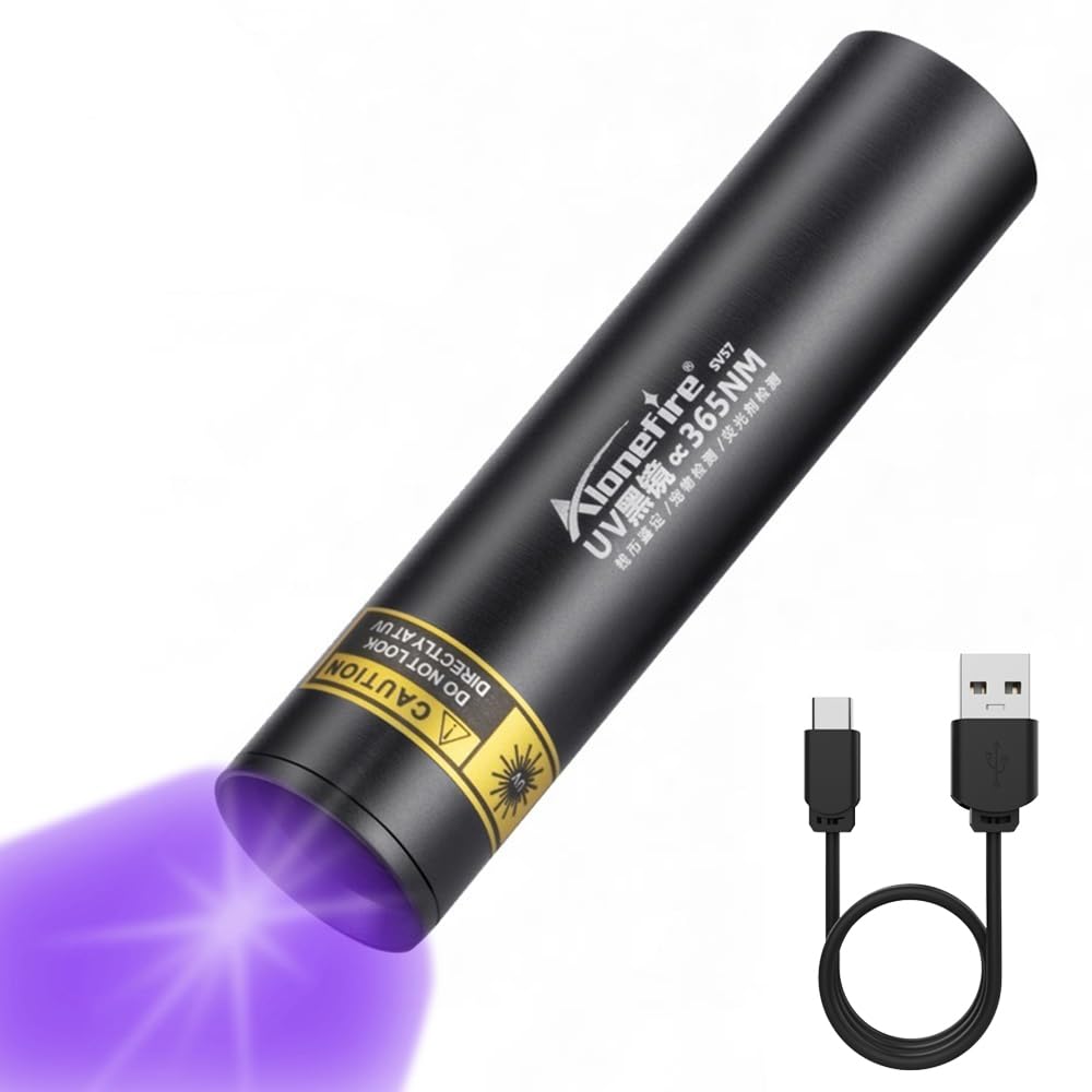 ALONEFIRE SV57 3W Small UV Flashlight 365nm - USB-C Rechargeable Ultraviolet Black Light for Mineral Detection, Money Verification & Pet Urine Tracking | Compact Aluminum Case with Battery Indicator | Perfect for Home Inspection, Outdoor Adventures & Security Checks