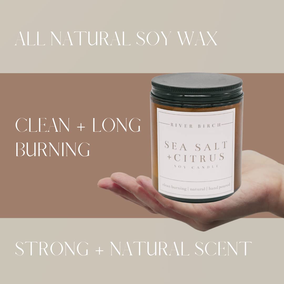 River Birch Candles - Sea Salt & Citrus Scented Soy Candle | All-Natural, Non-Toxic, Premium Amber Jar Candle (8.5oz, 40-Hour Burn Time) | Perfect for Home Relaxation, Spa Nights & Romantic Ambiance