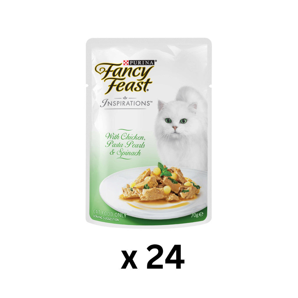 24-Pack Fancy Feast Inspirations 70g Cat Food Variety Pack - Chicken, Courgette, Tomato, Tuna, Beef & Salmon - Delicious & Nutritious Wet Cat Food for Adult Cats - Perfect for Mealtime, Travel & Treats