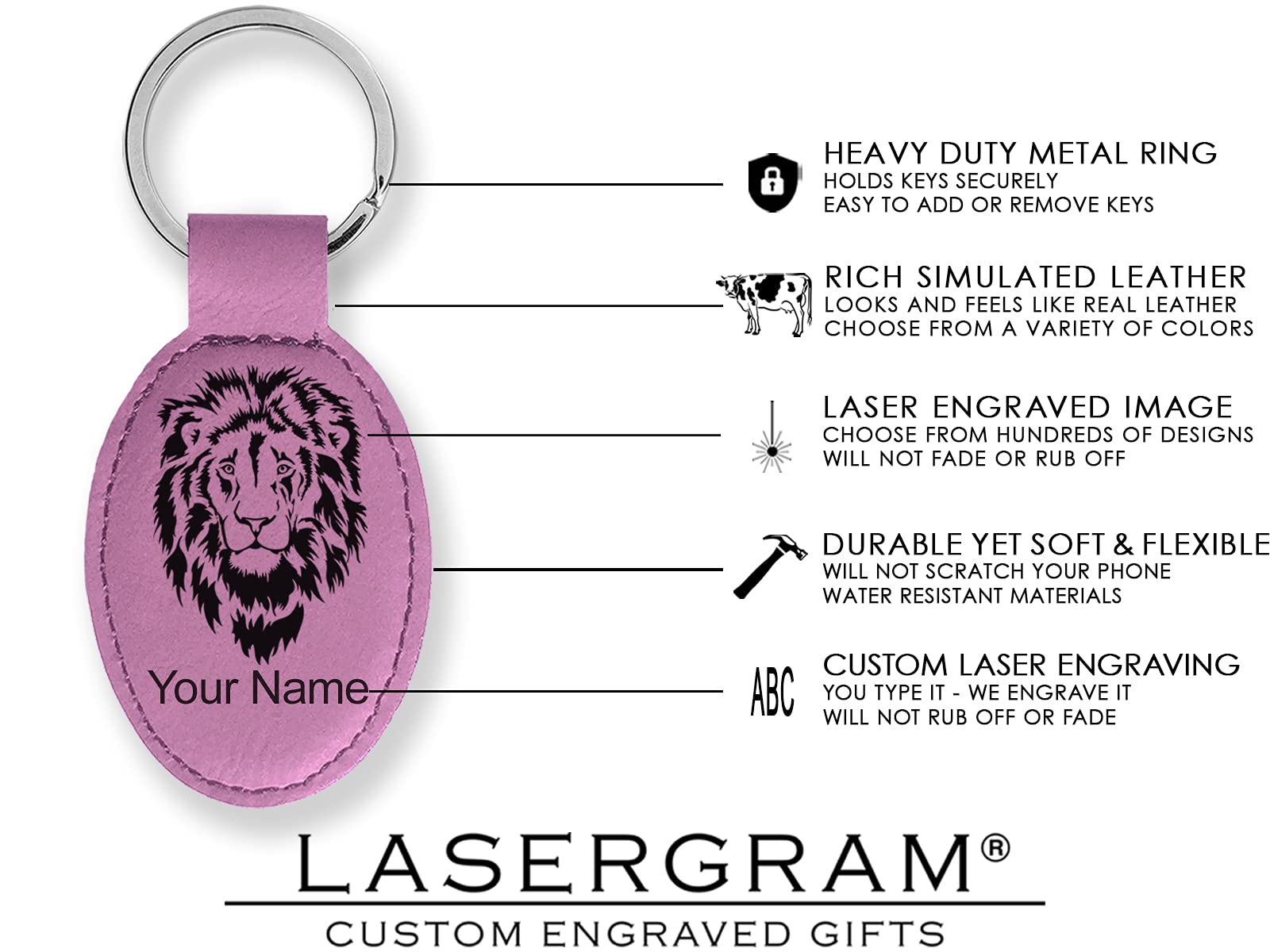 Personalized LaserGram Oval Keychain with Engraving - Quad Design, Pink - Perfect for Gifts, Promotions & Everyday Carry