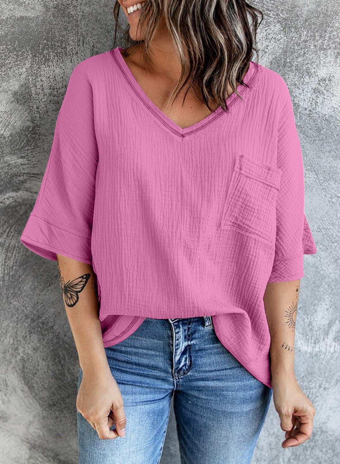 Dokotoo Women's 2024 Summer Spring 3/4 Sleeve V-Neck Casual Loose Tunic Tops Blouses - Stylish & Comfortable for Work, Travel & Daily Wear