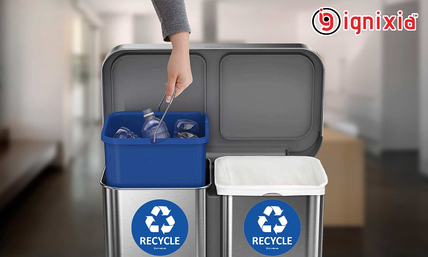 IGNIXIA 6x6 Inches Large Recycle Stickers for Trash Cans (Pack of 2) - Waterproof, UV Protected Recycling Bin Labels for Indoor & Outdoor Use - Perfect for Home, Office & Public Spaces (Blue)