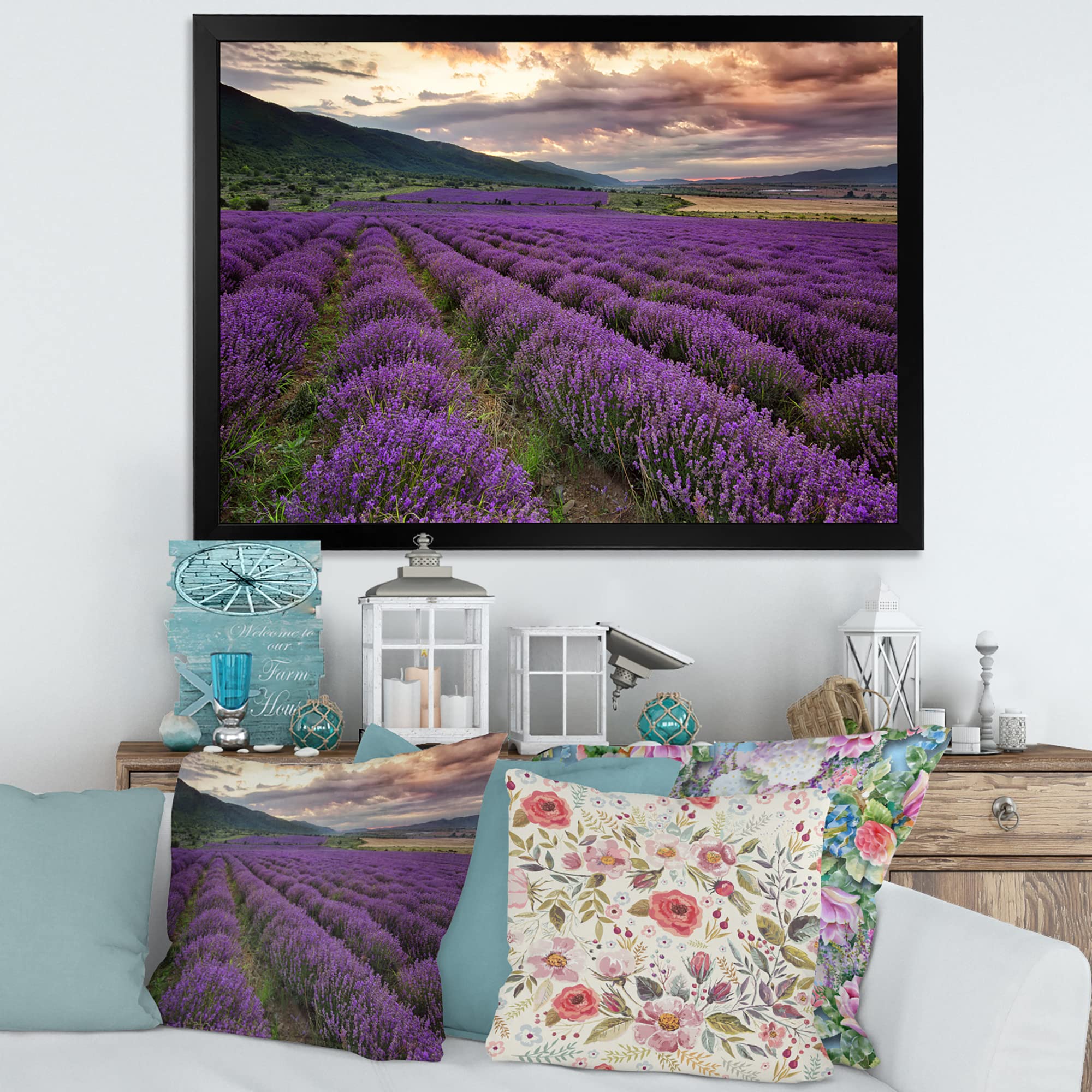 DesignQ Lavender Field At Dawn Framed Wall Art - Rustic Farmhouse Decor for Living Room, Bedroom & Office - Perfect for Home & Office Decor