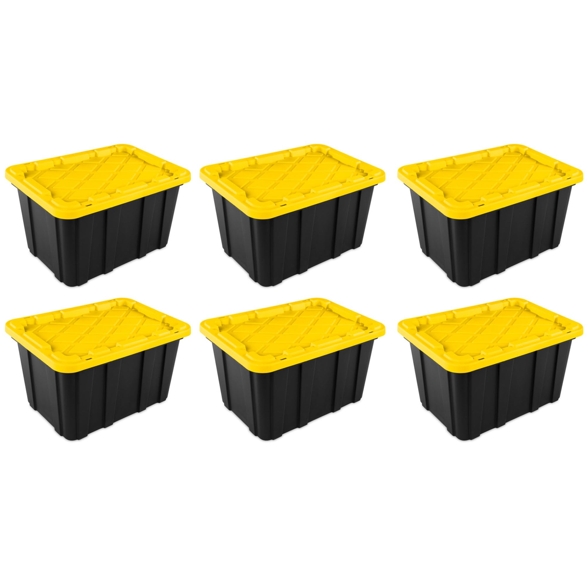Sterilite 6-Pack Heavy Duty Stackable Storage Bins with Lids - 27 Gallon Black & Yellow Plastic Totes for Home Organization, Garage, and Office Storage