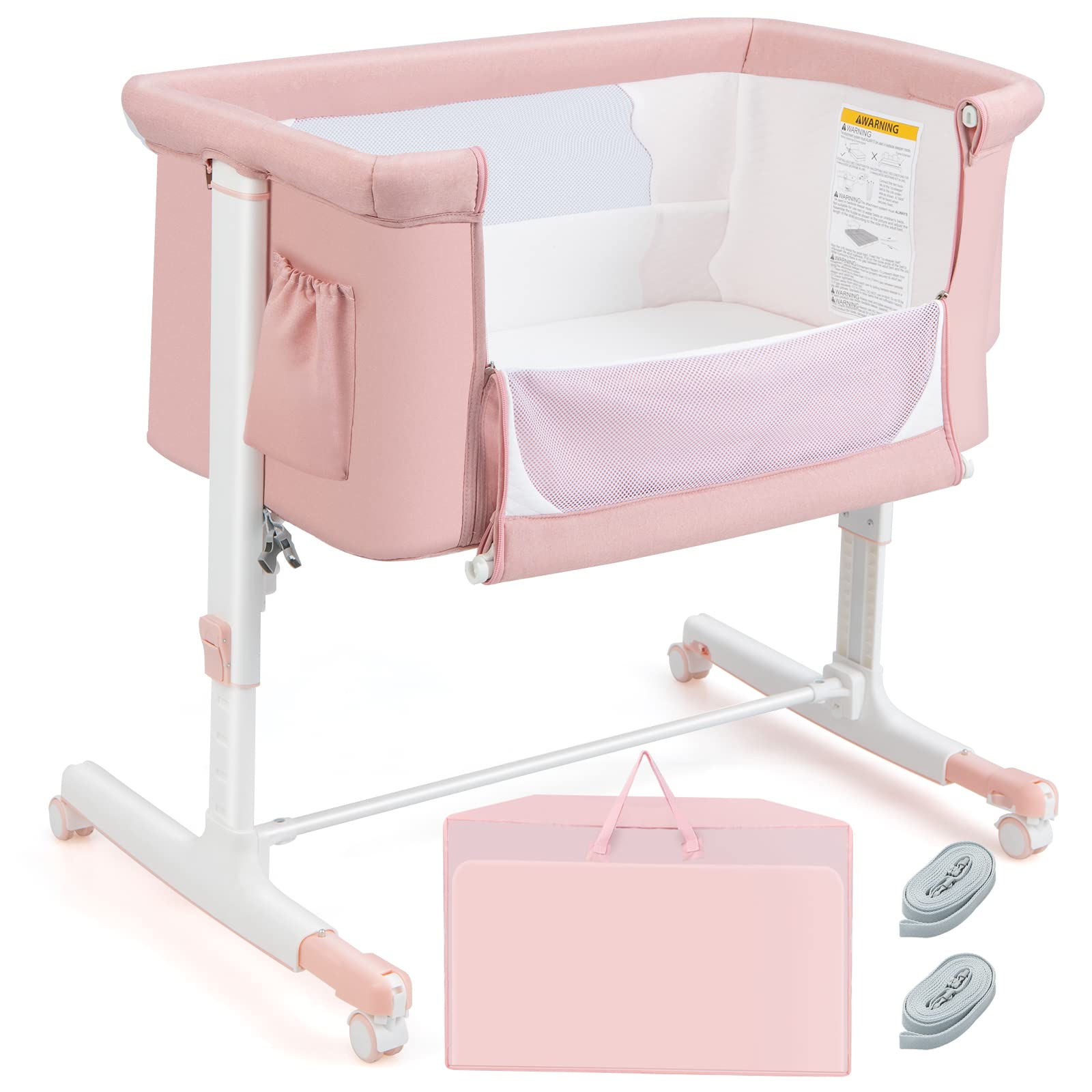 HONEY JOY 3-in-1 Portable Baby Bassinet Bedside Sleeper - Adjustable Height Folding Crib with Wheels, Mattress & Carry Bag for Newborns & Infants (Pink) | Perfect for Nursery, Bedside Co-Sleeping & Travel