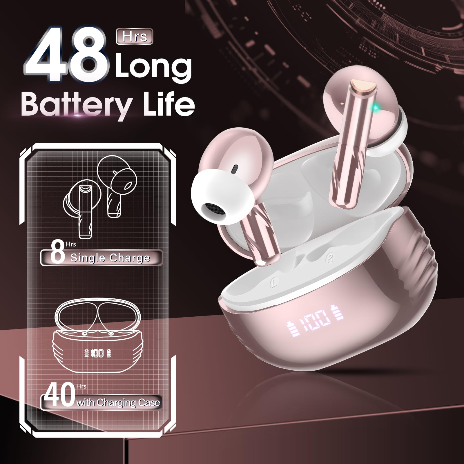 Premium Bluetooth 5.4 Earbuds with ENC Noise Cancelling & 48H Playback - IPX7 Waterproof Wireless Headphones for iOS/Android (Rose Gold) - Perfect for Gym & Commuting