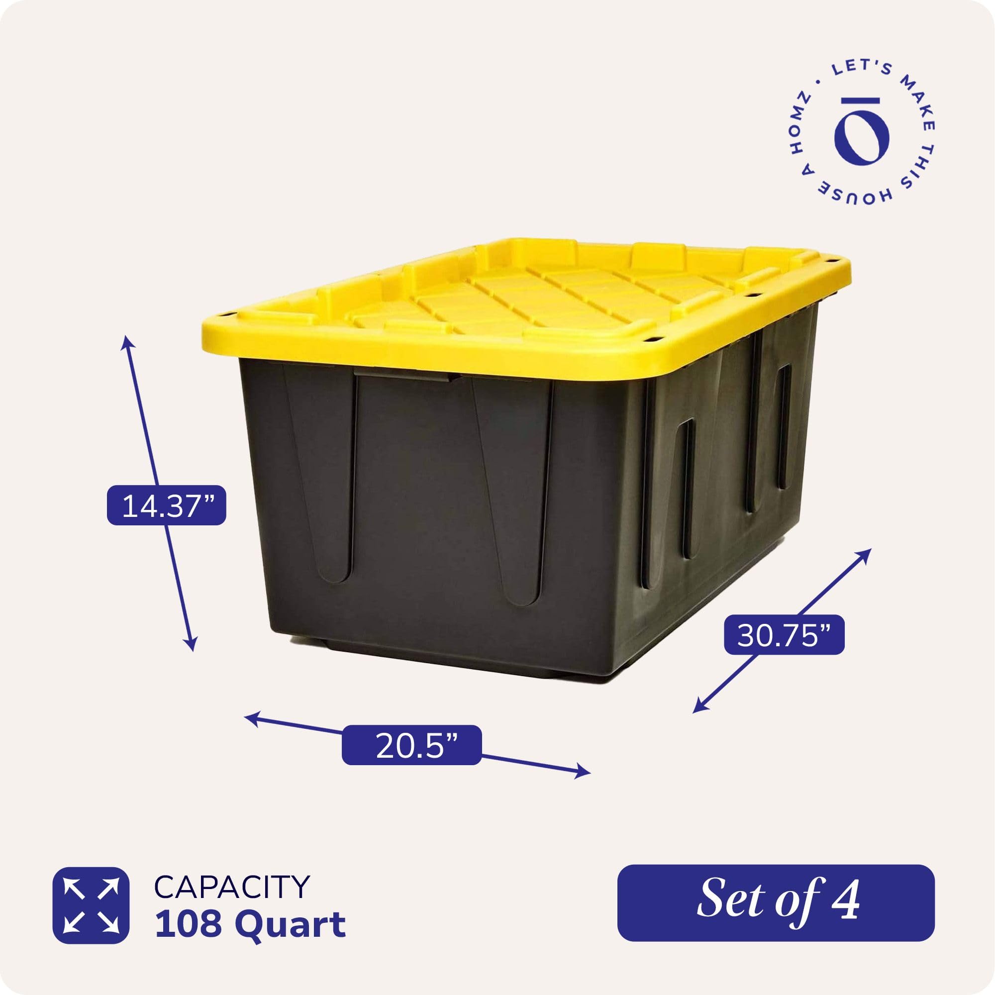 HOMZ 4-Pack 27 Gallon Heavy Duty Plastic Storage Bins with Lids - Durable Black/Yellow Containers for Home Organization, Garage Storage & Moving Supplies