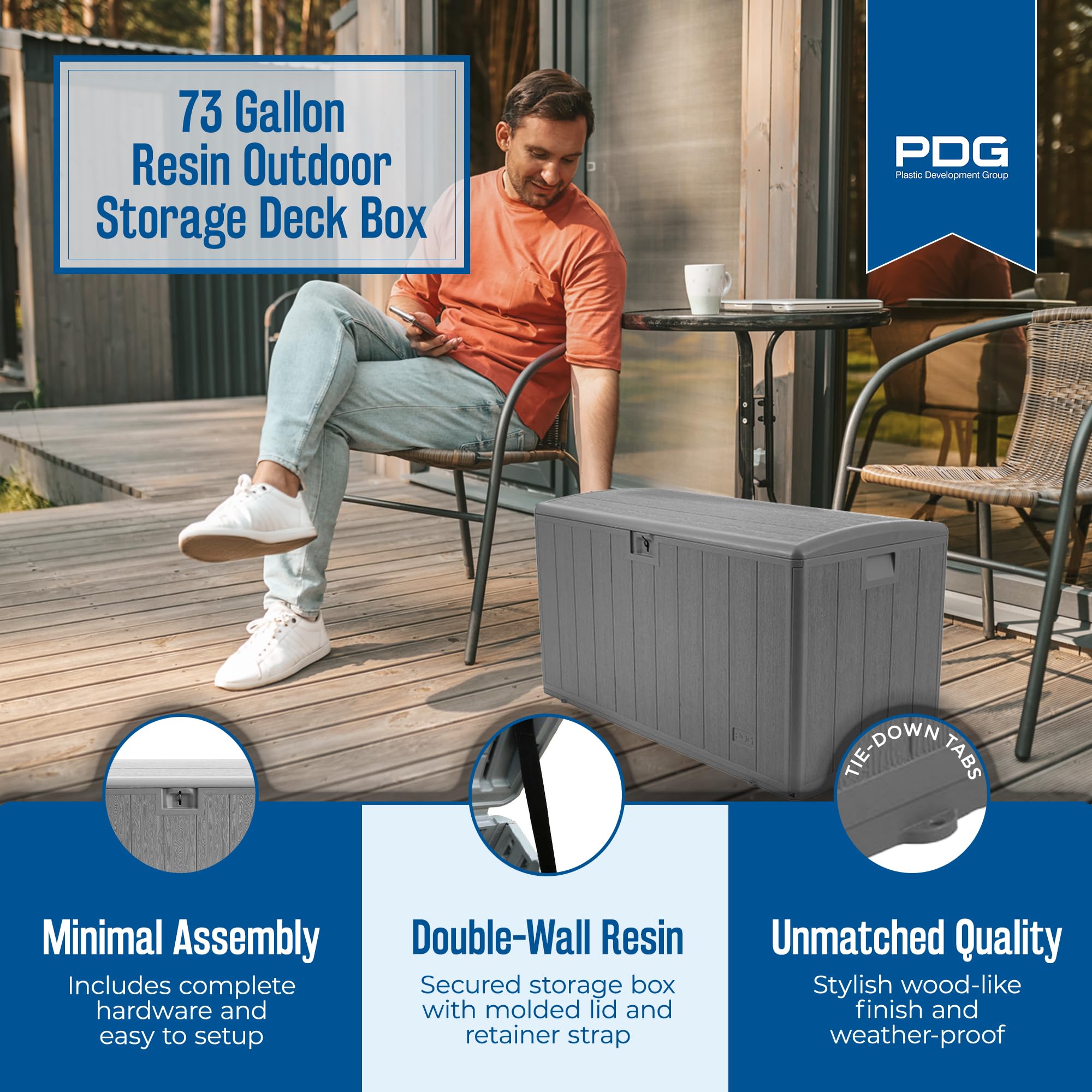 Outdoor Storage Deck Box 73 Gallon with Standard Closure - Durable Plastic Deck Box for Patio, Garden & Backyard Organization - Weatherproof Gray Deck Storage Box for Cushions, Toys & Outdoor Gear