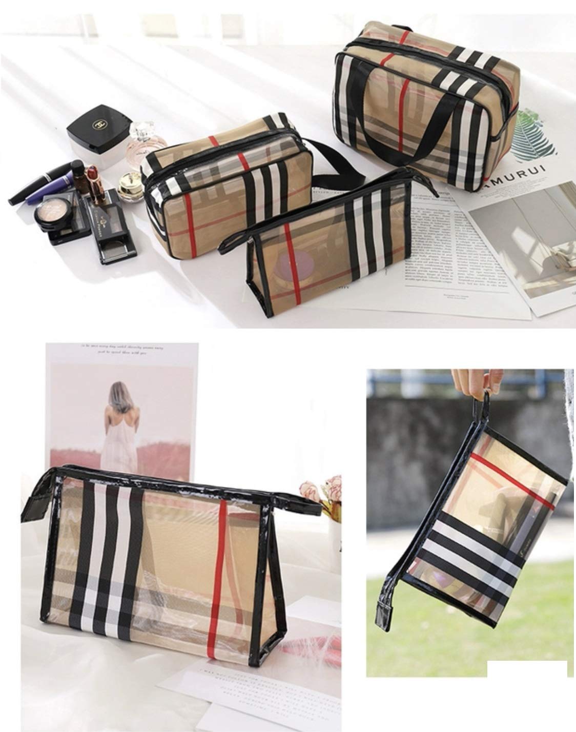 Waterproof PVC Stripe Cosmetic Bag with Zipper - Large Capacity Makeup Organizer for Women | Travel, Bathroom & Gym Storage | Portable Mesh Toiletry Bag (Khaki)