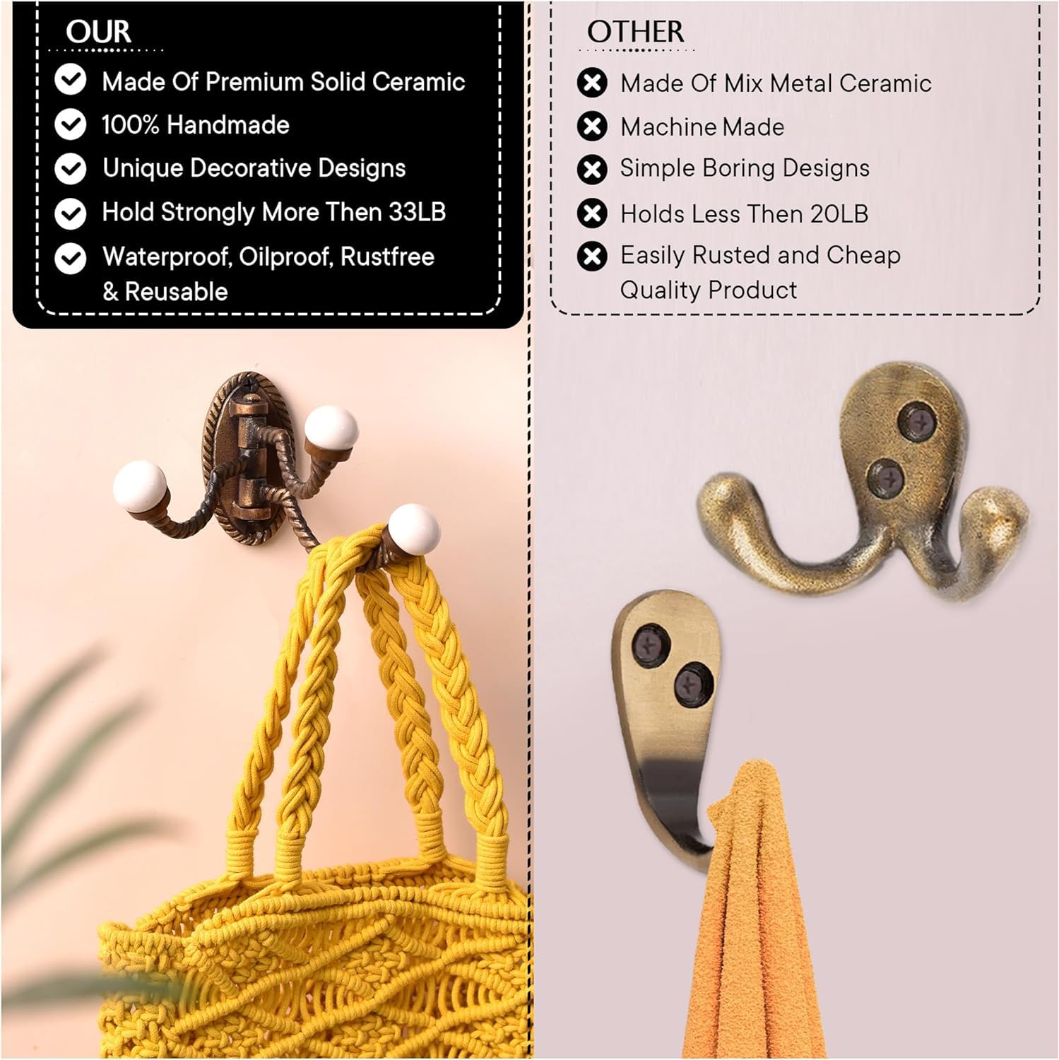 Vintage Iron & Ceramic Swivel Wall Hooks - 3-Prong Foldable Coat Hangers for Towels, Robes & Jackets | Antique-Style Space-Saving Solution for Bathroom, Bedroom & Entryway Organization