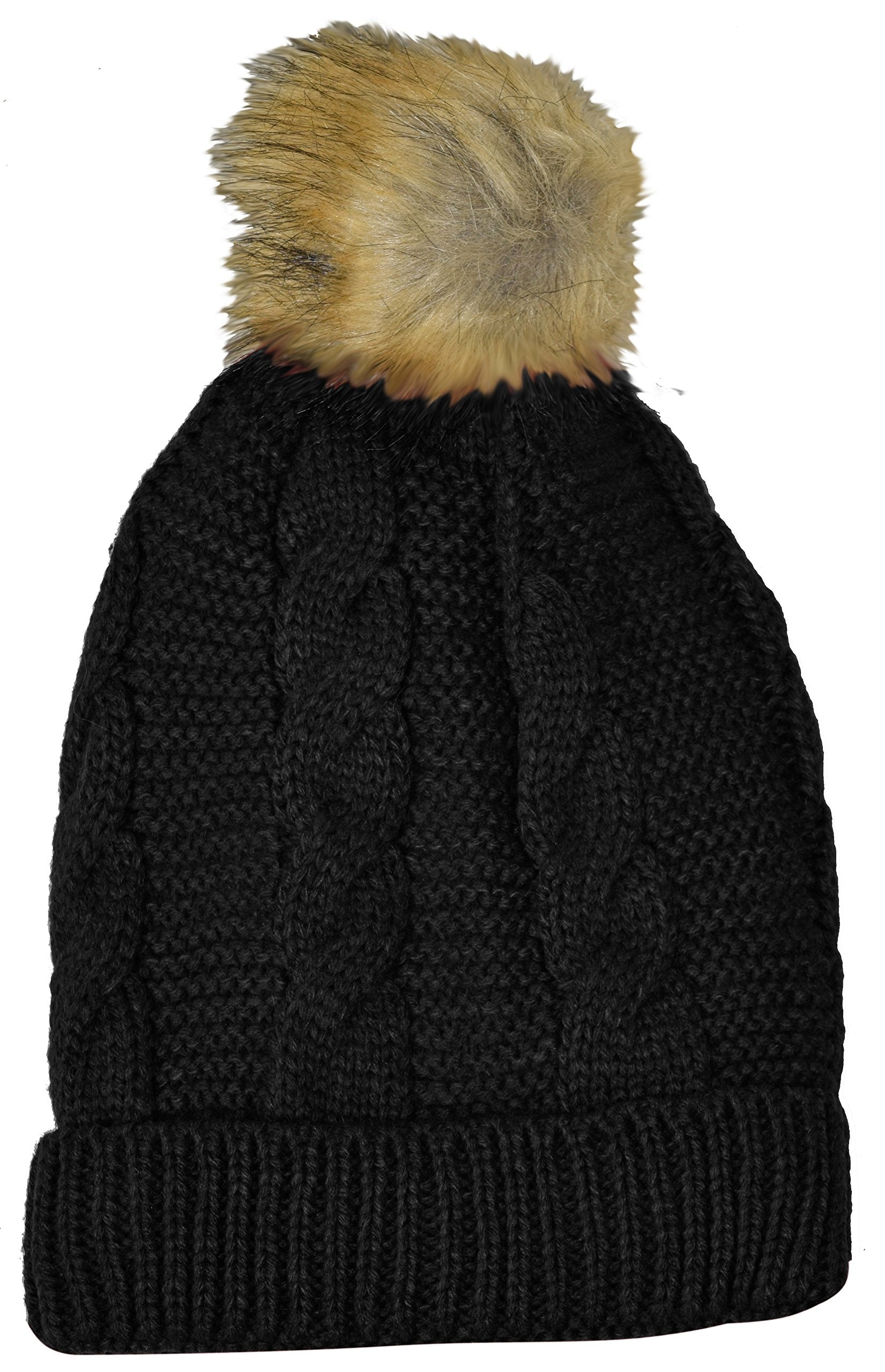 Women's Thick Knit Crochet Fold Over Pom Pom Winter Beanie Hat - Warm & Stylish Knitted Cap for Cold Weather, Snow Days & Outdoor Activities