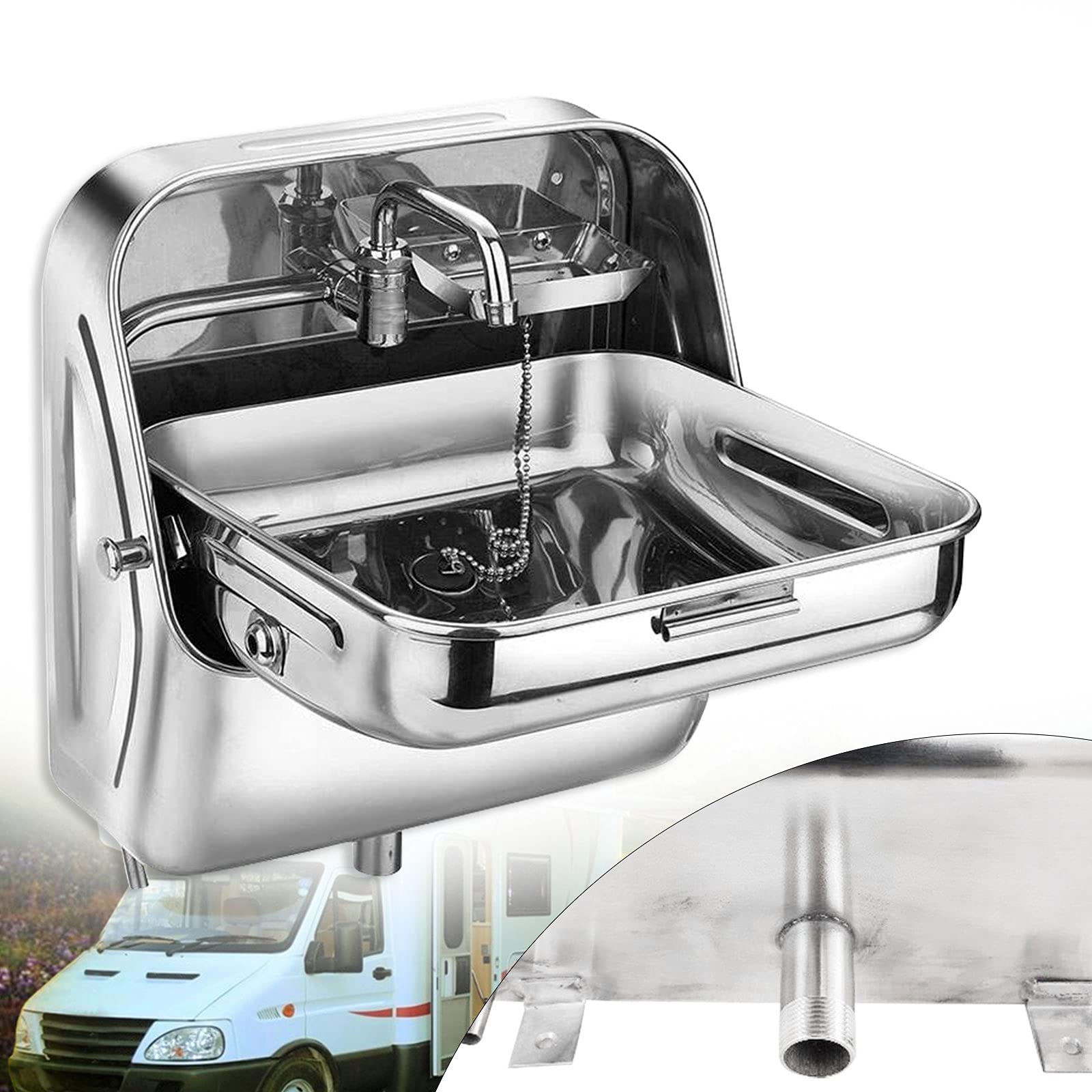 Portable Stainless Steel Folding Sink with Faucet for Caravan Boat RV - 14.56x14.76x15.35 Inch | Compact Space-Saving Design | Perfect for Outdoor Camping, Travel & Small Space Living