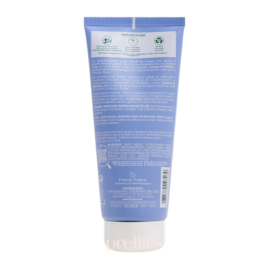 KLORANE Organic Flax Volume Conditioner 200ml - Volumizing Hair Care for Fine & Thin Hair - Salon Quality Treatment for Daily Use at Home