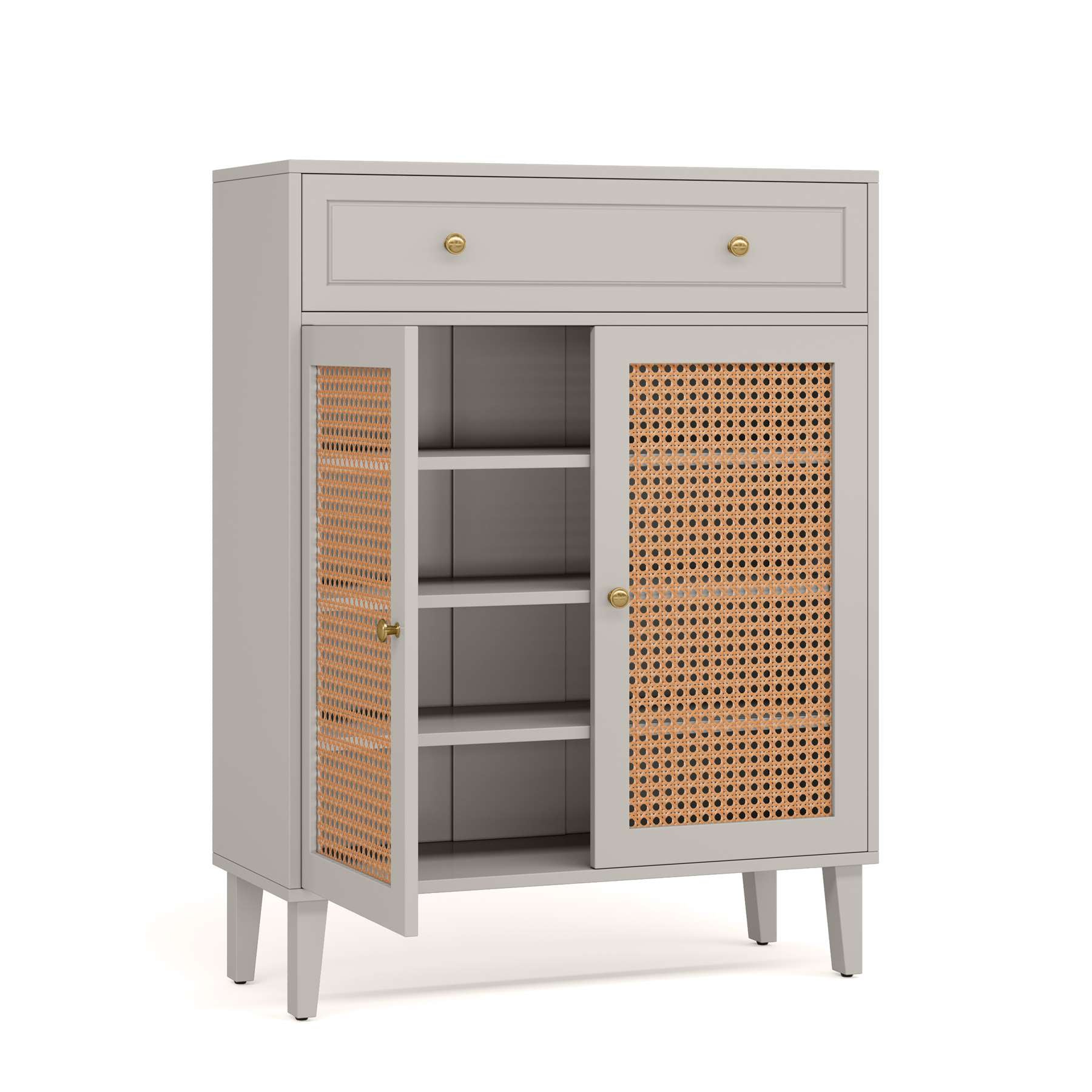 Solid Wood Shoe Cabinet with Rattan Doors & Drawer - Modern Entryway Shoe Storage Organizer for Hallway, Closet, or Mudroom Organization