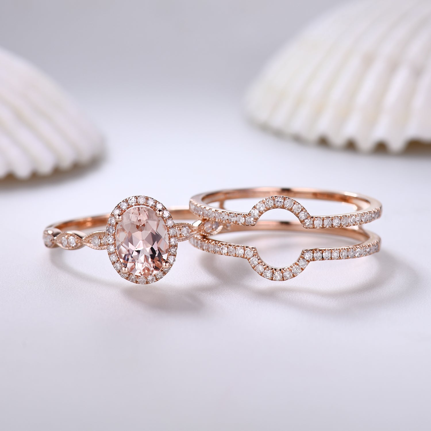 Stackable Oval Cut Morganite Engagement Ring Set with Diamond Accent Double Row Band - Perfect for Bridal, Wedding, and Anniversary Gifts