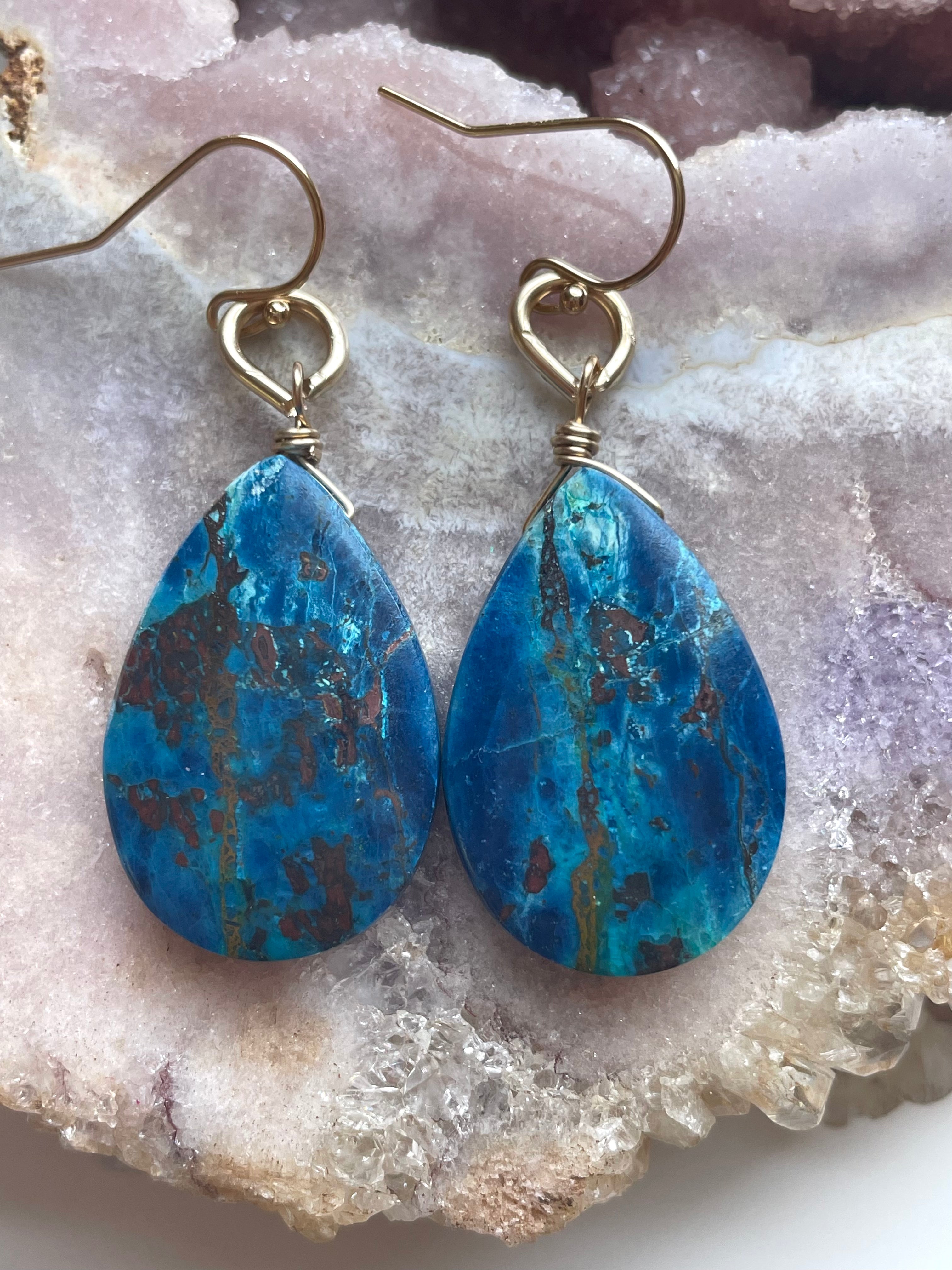Large Chrysocolla Gold Filled Statement Crystal Gemstone Earrings for Women | Elegant Bohemian Jewelry for Parties, Weddings & Special Occasions