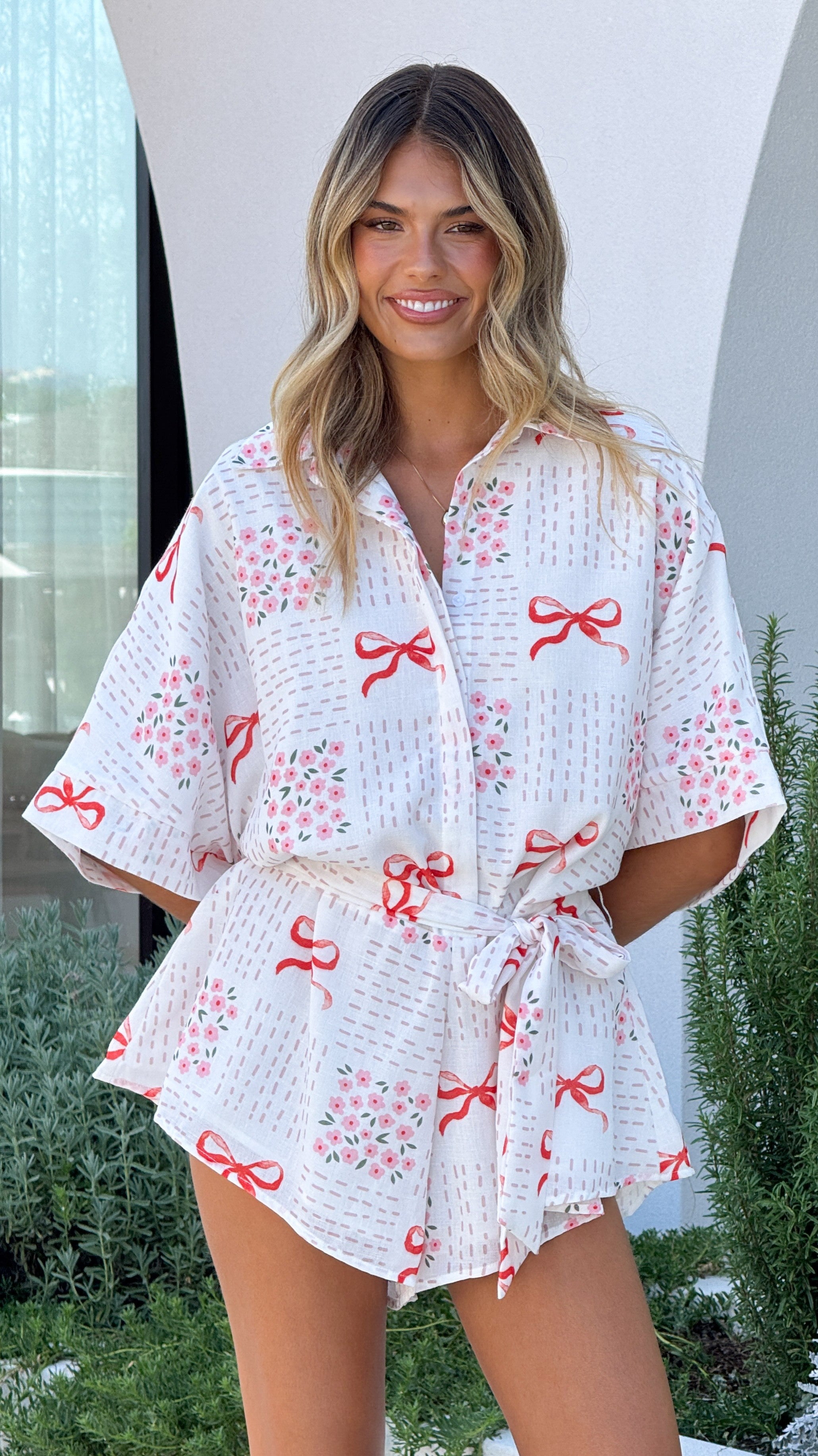 Alexandria Playsuit for Women - Sweet Bow Pink Floral Romper Jumpsuit | Summer Casual Outfit for Beach, Party & Vacation