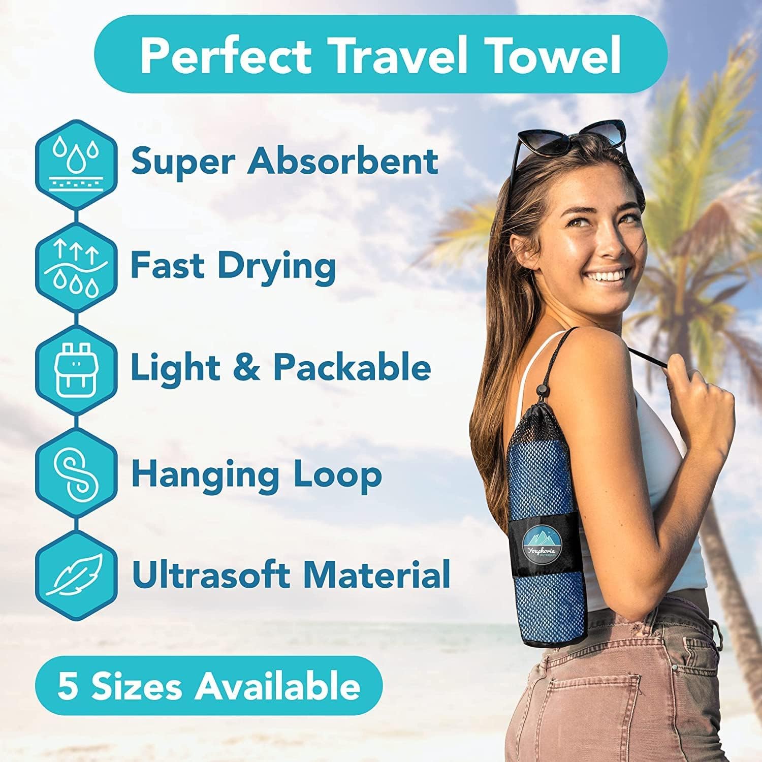 Youphoria Microfiber Travel Towel - Ultra Fast Drying & Lightweight Compact Towel for Camping, Beach, Backpacking, Hiking, Gym & Yoga | Perfect for Outdoor Adventures & Travel Essentials