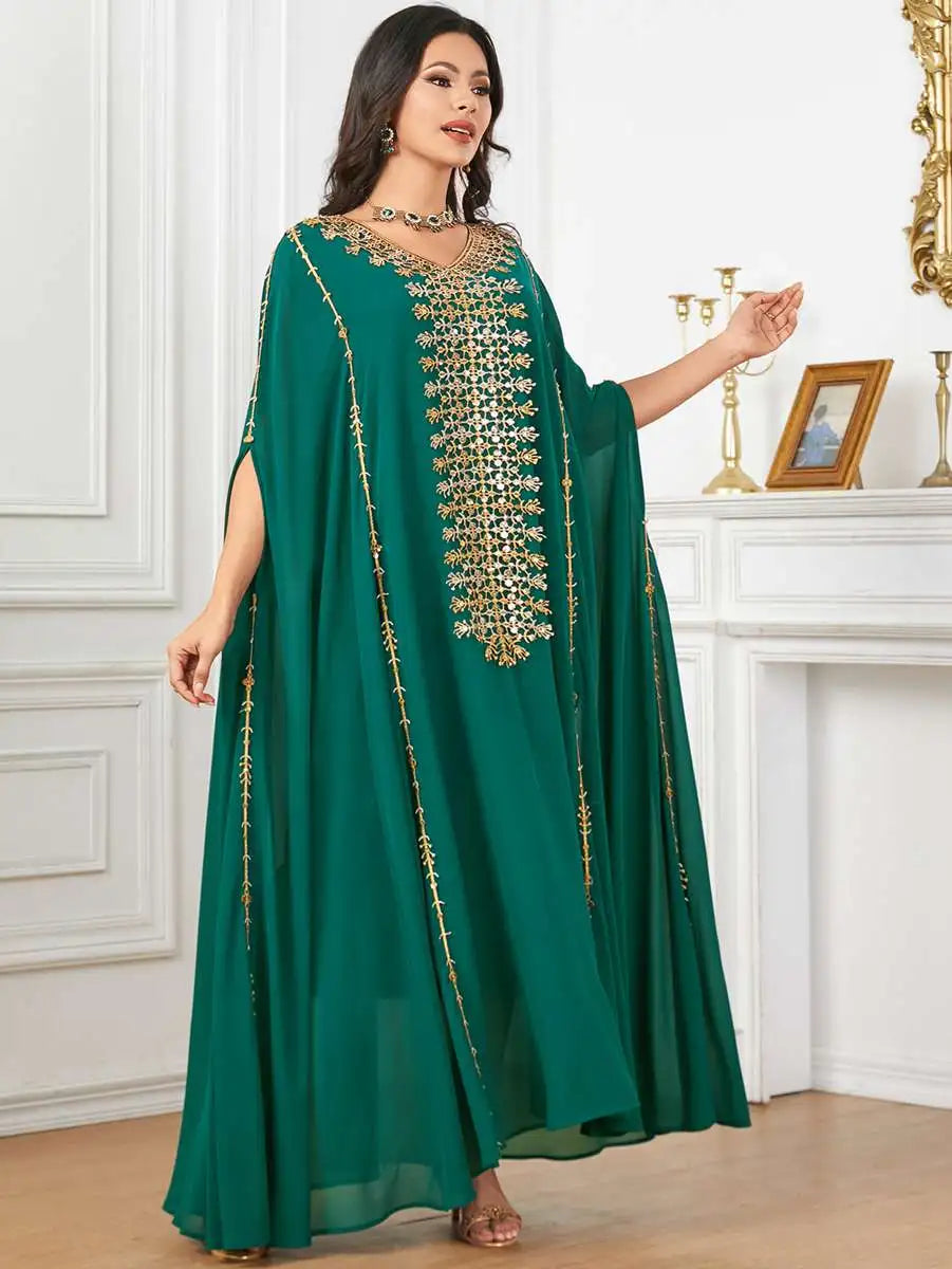 Elegant Eid Caftan Dress for Muslim Women - Flowy Chiffon Embroidery Maxi Dress - Perfect for Eid Celebrations, Weddings & Special Occasions