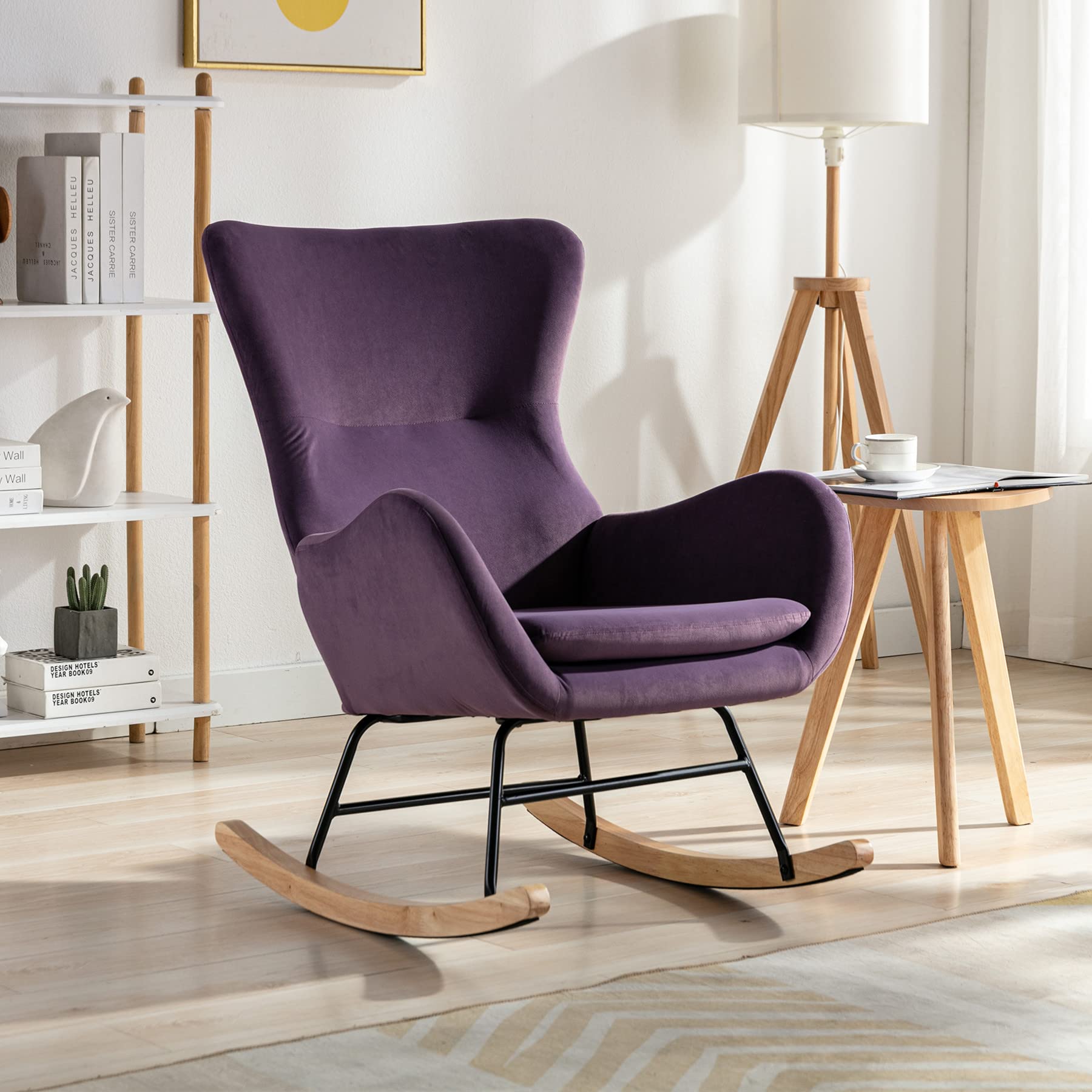 SSLine Comfortable Nursery Rocking Chair - Purple Velvet Upholstered Modern High Wingback Glider Armchair for Baby Nursery, Living Room & Bedroom | Cozy Breastfeeding Rocker & Relaxing Reading Chair (B Style-Purple)