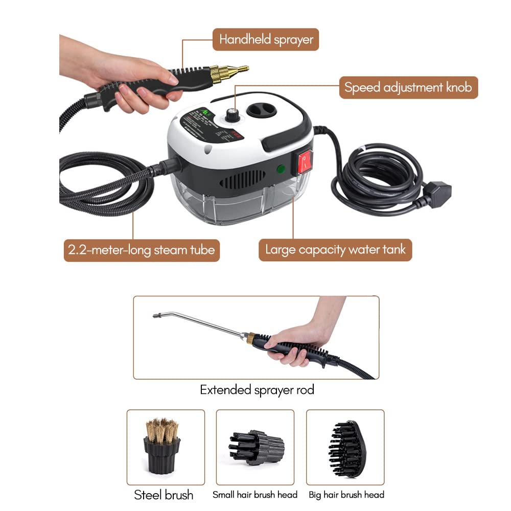2500W Portable Handheld Steam Cleaner - High Temperature Pressurized Steam Cleaning Machine with 5 Brush Attachments for Kitchen, Bathroom, Car, Furniture & Floor Cleaning | Perfect for Deep Cleaning Grout, Upholstery, Tiles & Hard Surfaces (Orange)