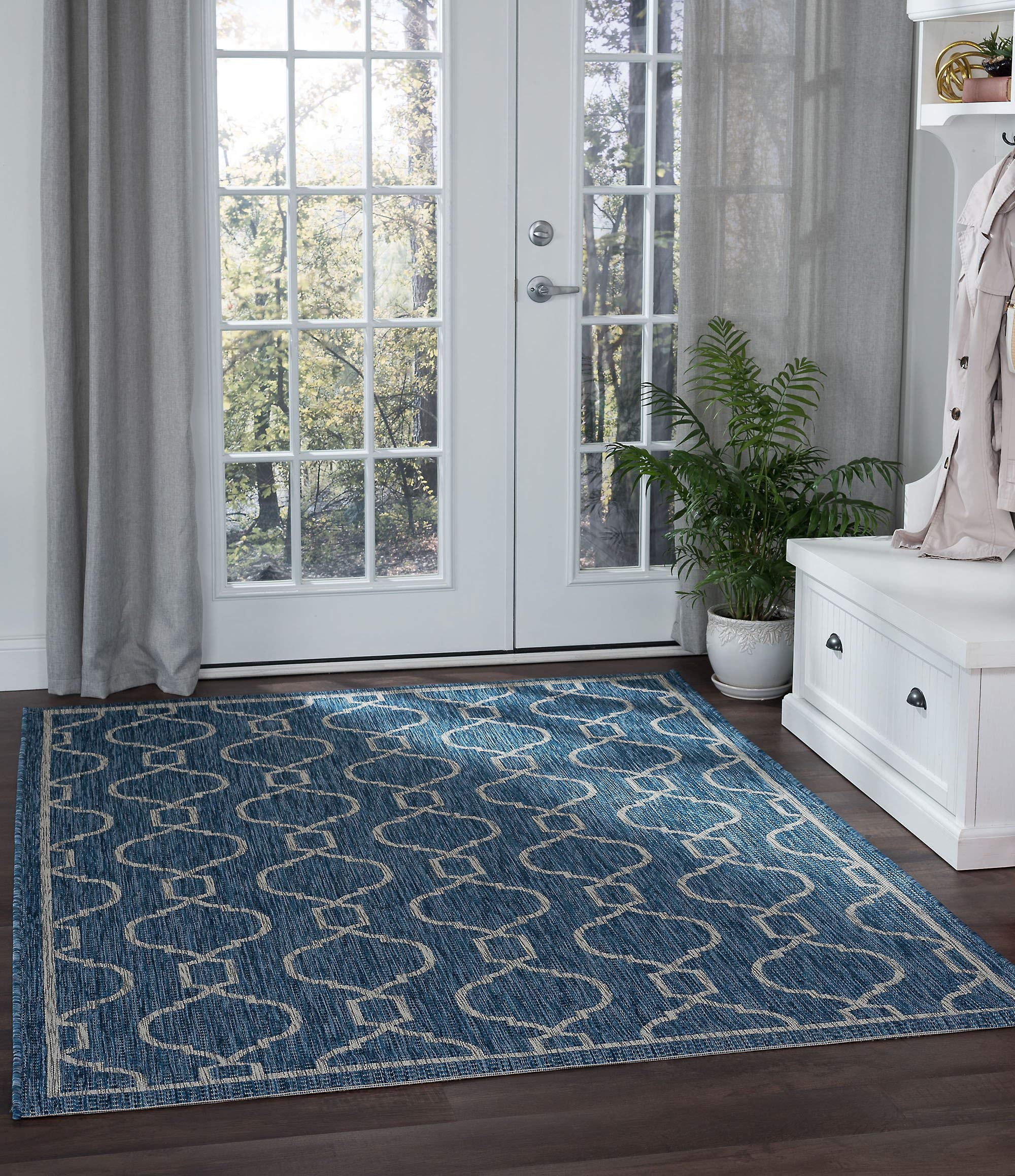 Indigo Jute Large Water Resistant Rug 8x10 - Indoor/Outdoor Entryway, Patio, Deck, Garden & Porch Mat - Waterproof Carpet for Hallway, Living Room & Bedroom - Perfect for High Traffic Areas & Outdoor Spaces