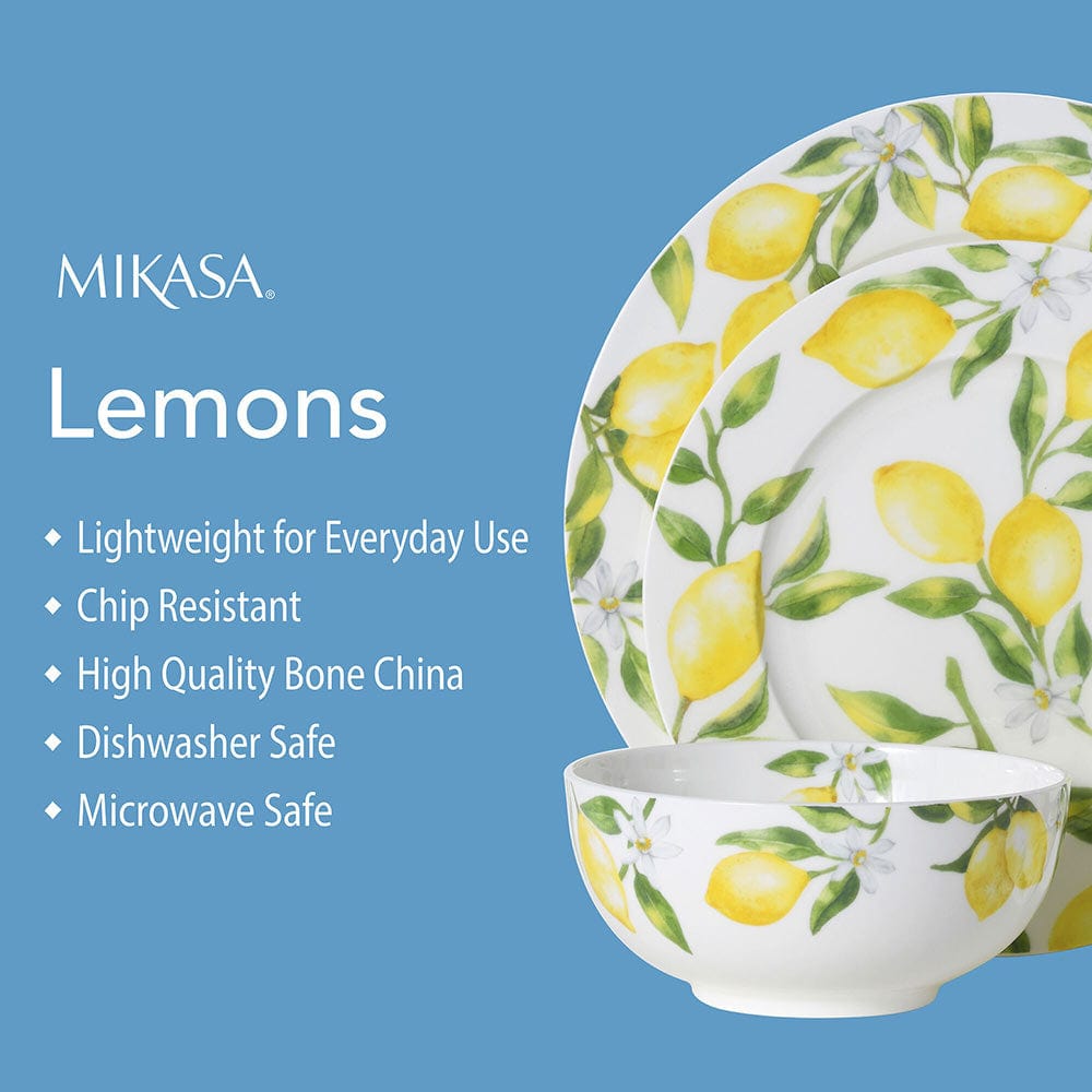 16-Piece Lemon Print Dinnerware Set - Service for 4, Porcelain Plates Bowls & Mugs - Perfect for Family Dining, Kitchen Decor & Dinner Parties