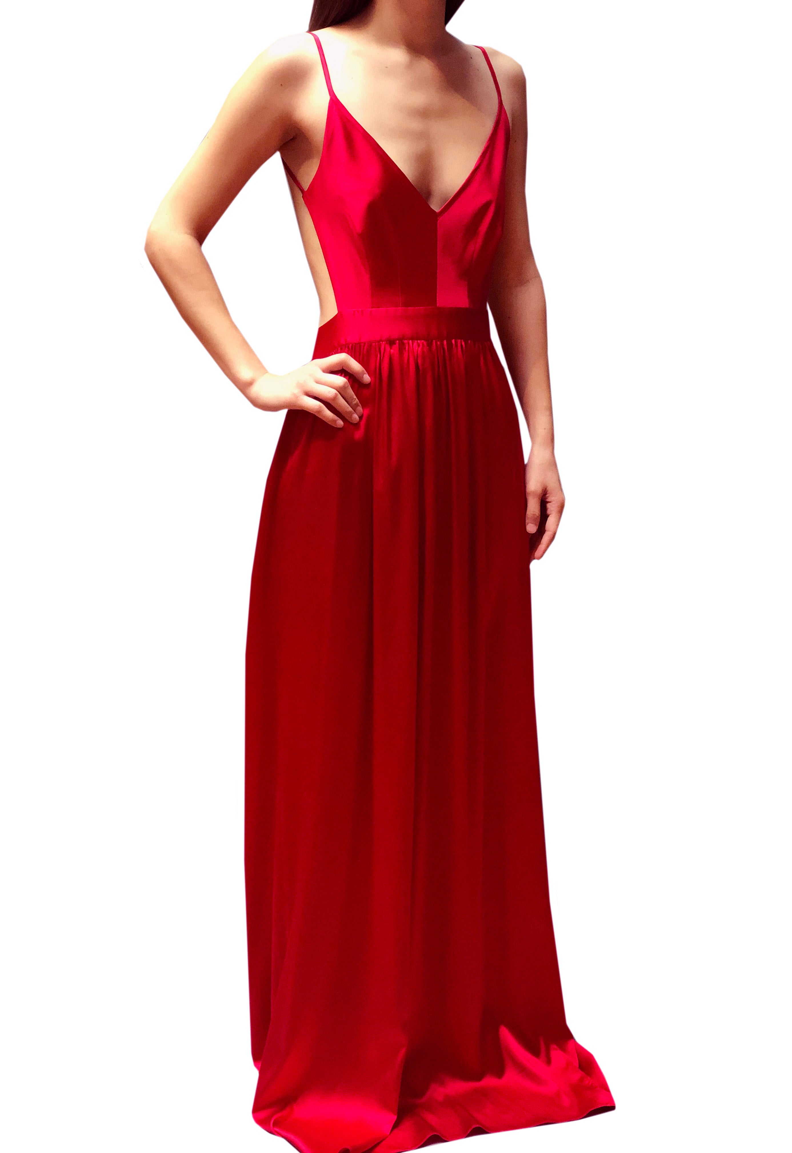 Elegant Red Silk Evening Dress for Women - Perfect for Parties, Weddings & Special Occasions
