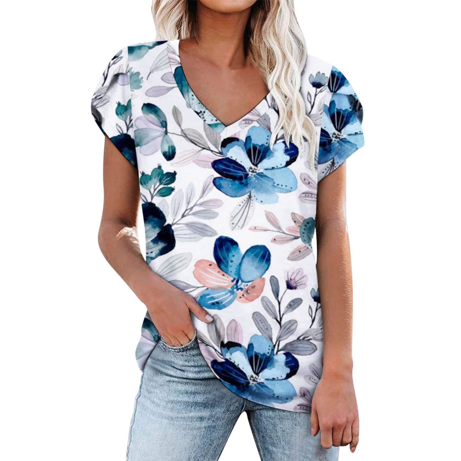 Women's Floral Printed V-Neck Short Sleeve T-Shirt - Summer Casual Loose Fit Tunic Blouse Top for Everyday Wear, Outings & Beach Vacations