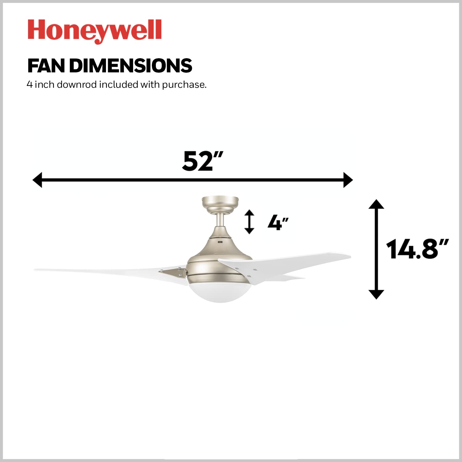 Honeywell Neyo 52 Inch Modern Ceiling Fan with LED Light and Remote Control - High Performance Reversible Motor, 3 Blades, Champagne Finish - Perfect for Living Room, Bedroom, and Office