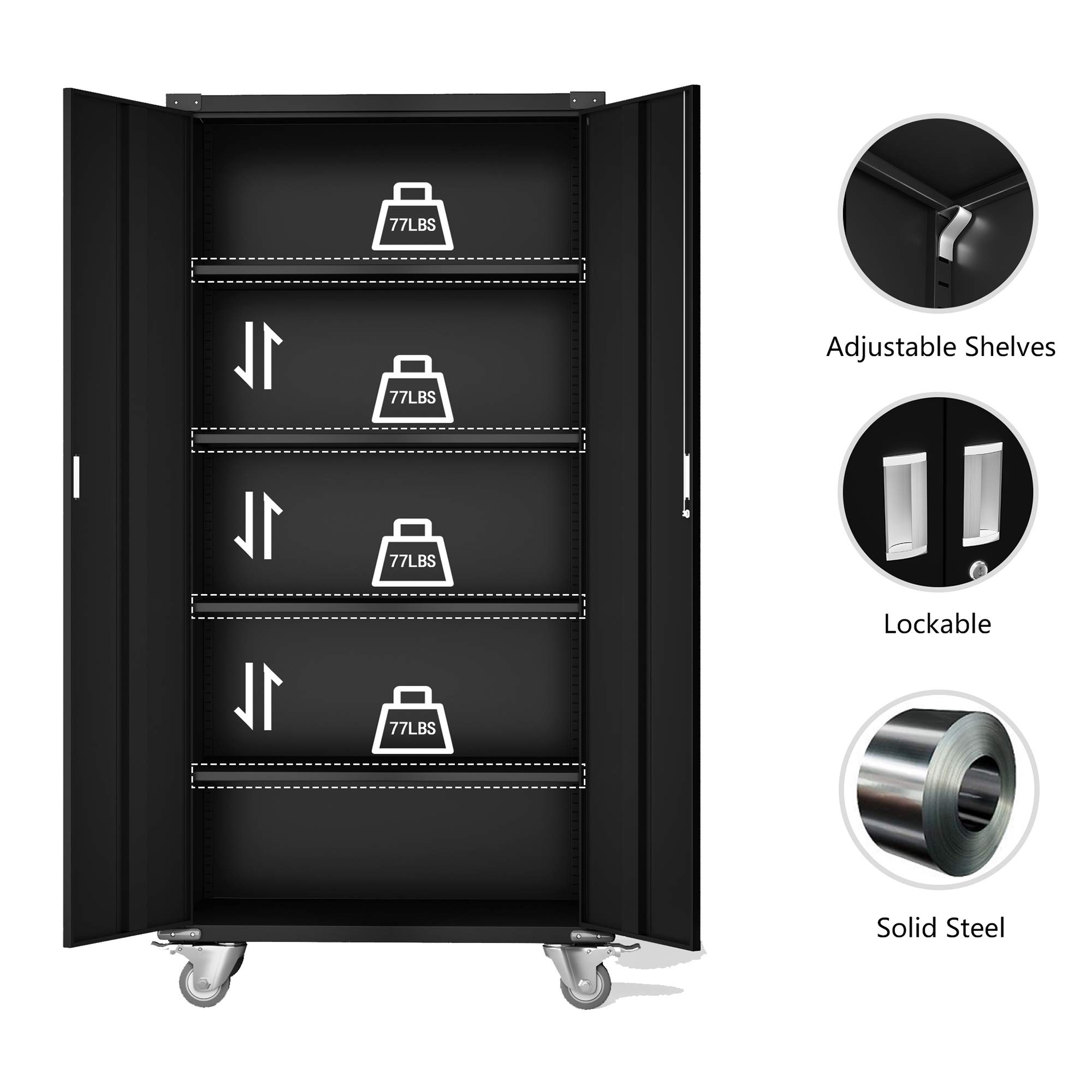 Aobabo 72-Inch Heavy-Duty Metal Garage Cabinet with Wheels - Lockable Rolling Storage Cabinet with 4 Adjustable Shelves - Black Utility Cabinet for Garage, Office & Home Organization (Assembly Required) - Perfect for Tools, Equipment & Household Storage